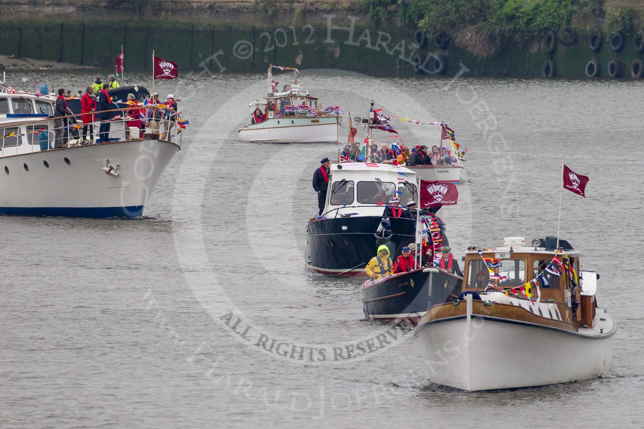 Thames Diamond Jubilee Pageant: FORCES-Cailliach (H67), Jolly Brit  (H71)..
River Thames seen from Battersea Bridge,
London,

United Kingdom,
on 03 June 2012 at 15:23, image #341