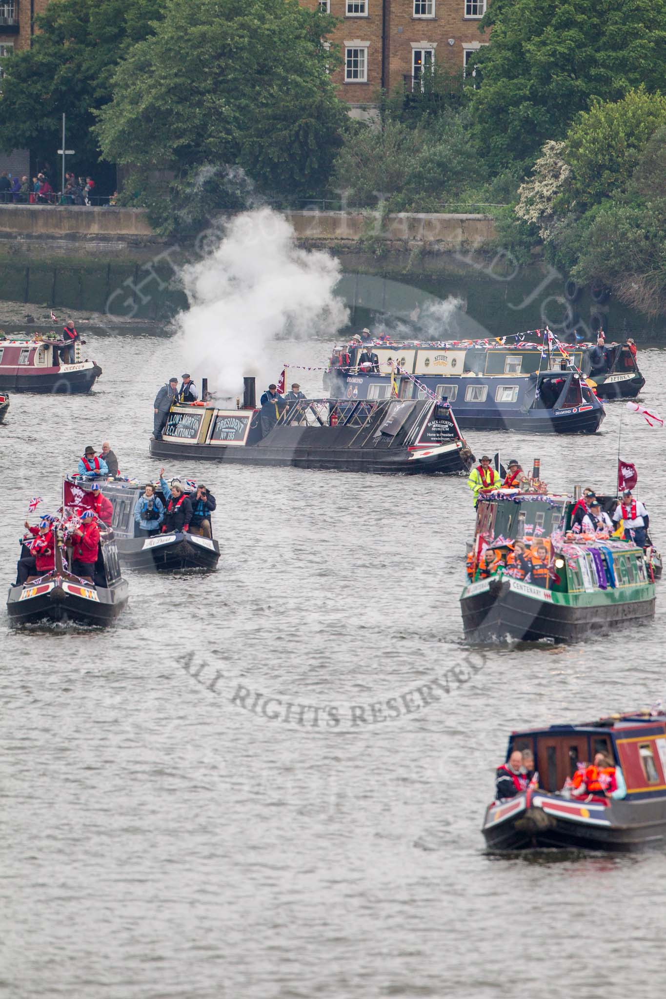 Thames Diamond Jubilee Pageant: NARROW BOATS..
River Thames seen from Battersea Bridge,
London,

United Kingdom,
on 03 June 2012 at 15:53, image #449