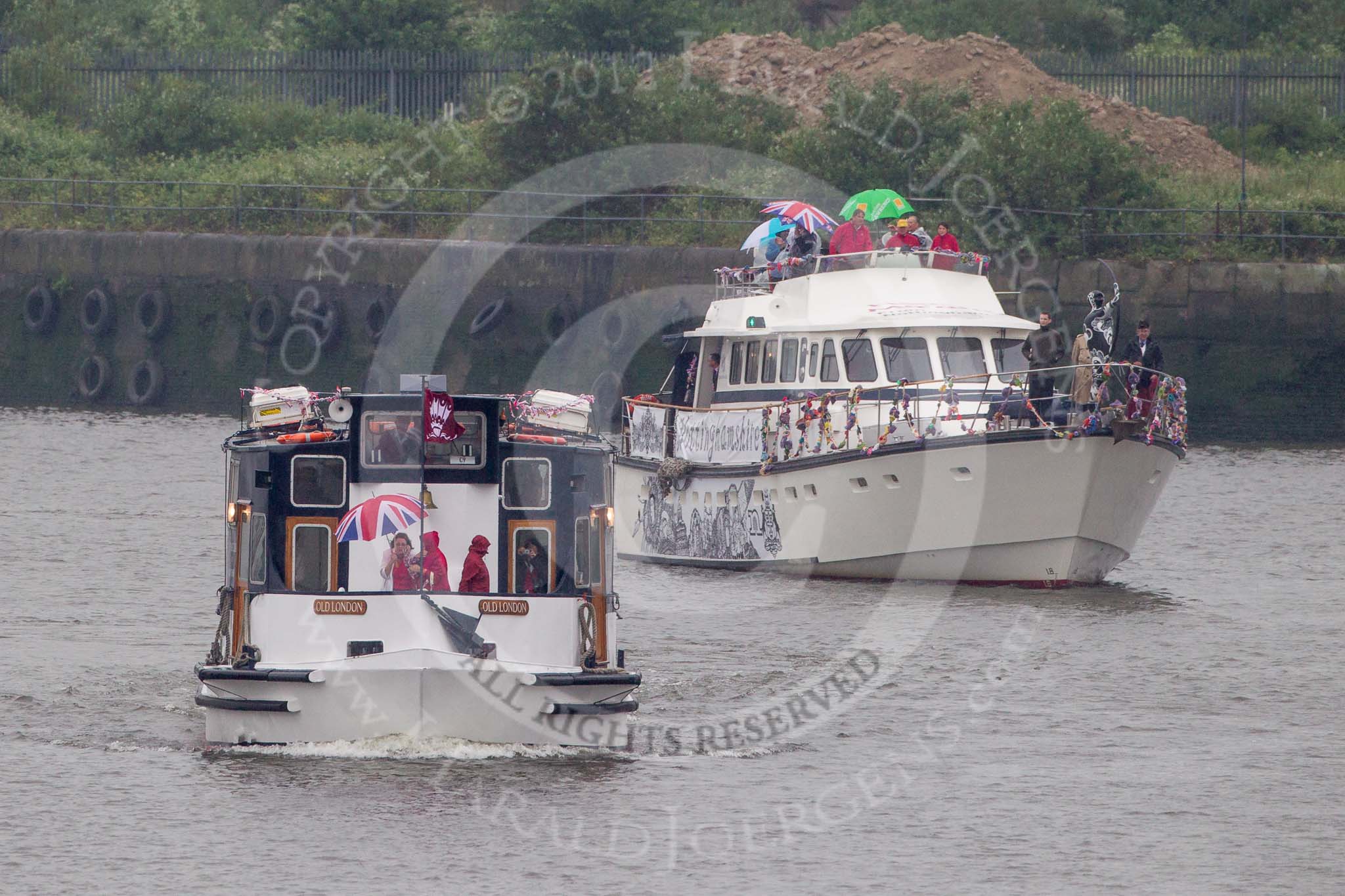 Thames Diamond Jubilee Pageant: PASSENGER BOATS- Old London (C9) and Rum Jungle (Nottinghamshire) (C11)..
River Thames seen from Battersea Bridge,
London,

United Kingdom,
on 03 June 2012 at 16:09, image #532