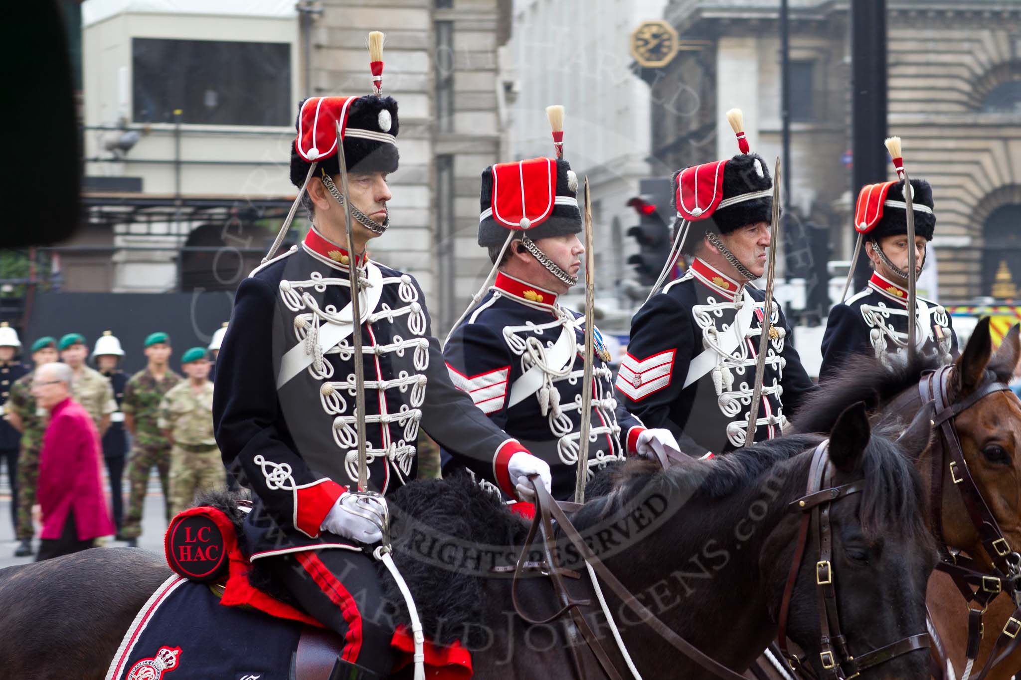 The Lord Mayor's Show 2011: The Light Cavalry, HAC, protecting the Lord Mayor's coach (http://www.lchac.org.uk/)..
Opposite Mansion House, City of London,
London,
-,
United Kingdom,
on 12 November 2011 at 10:38, image #7