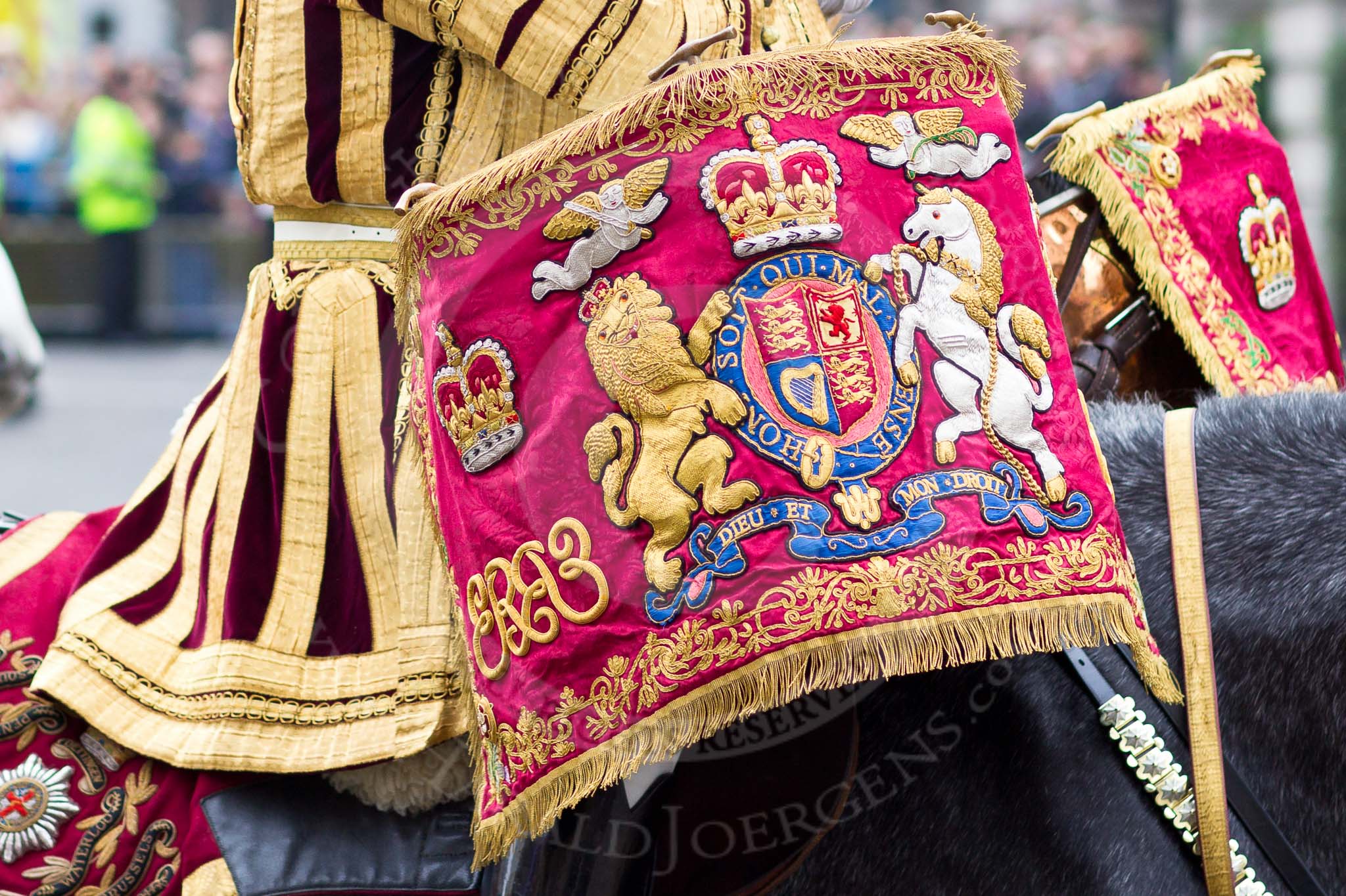 The Lord Mayor's Show 2011: Close-up of the banner on a kettle drum of The Life Guards..
Opposite Mansion House, City of London,
London,
-,
United Kingdom,
on 12 November 2011 at 10:49, image #22