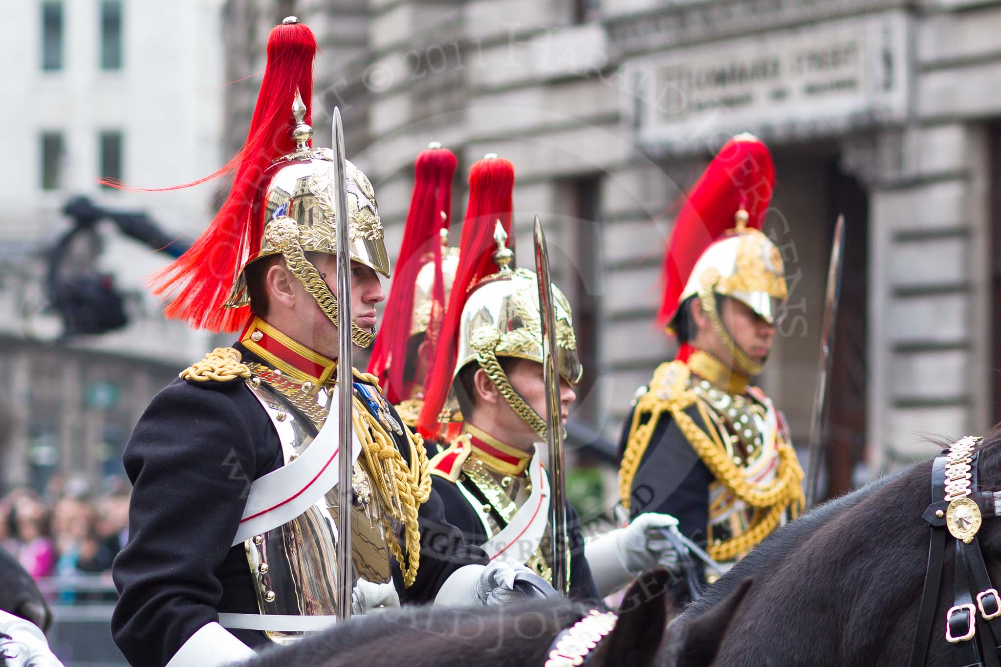 The Lord Mayor's Show 2011: Close-up of a Trooper from The Blues and Royals, Mounted Squadron, Household Regiment, the escort to the new Lord mayor..
Opposite Mansion House, City of London,
London,
-,
United Kingdom,
on 12 November 2011 at 10:50, image #30
