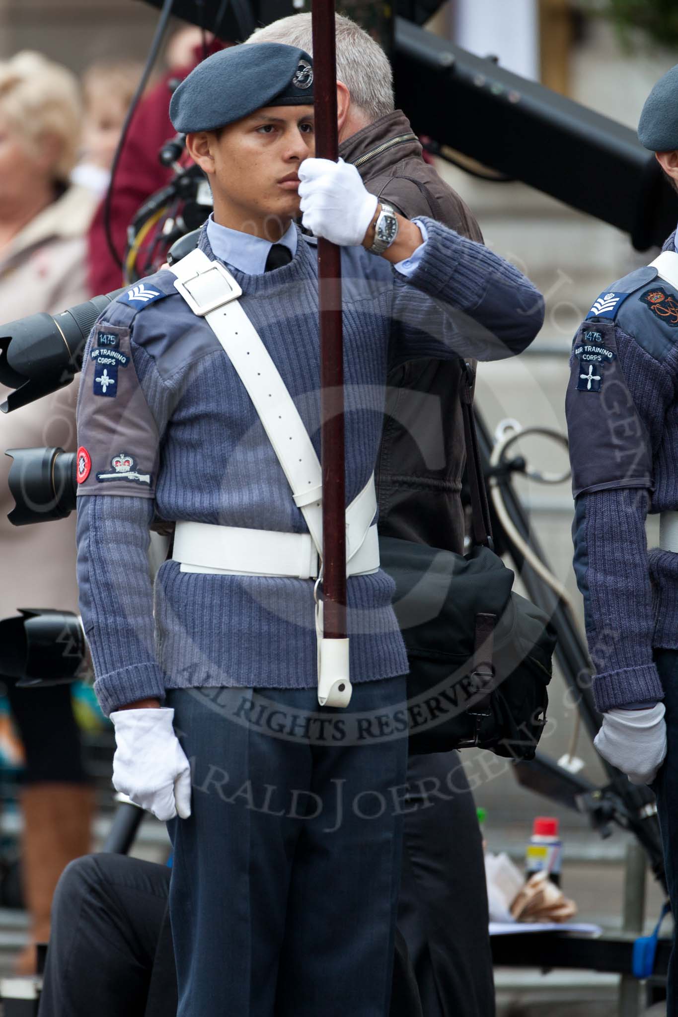The Lord Mayor's Show 2011: A male cadet from 1475 (3rd Lewisham) Squadron of the Air Training Corps, the Dulwich Air Cadets, carrying one of the Heraldic Banners..
Opposite Mansion House, City of London,
London,
-,
United Kingdom,
on 12 November 2011 at 10:54, image #57