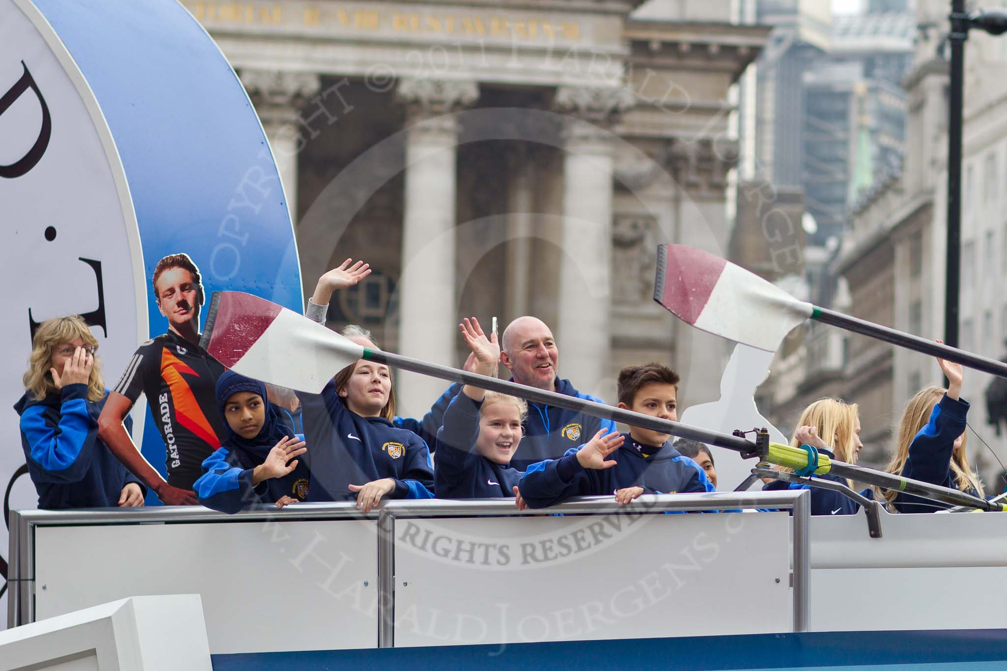 The Lord Mayor's Show 2011: Bradford Grammar School, the Lord Mayor David Wootton's former school, with an Olympic- and rowing scheme (http://www.bgs.bradford.sch.uk/)..
Opposite Mansion House, City of London,
London,
-,
United Kingdom,
on 12 November 2011 at 11:04, image #79