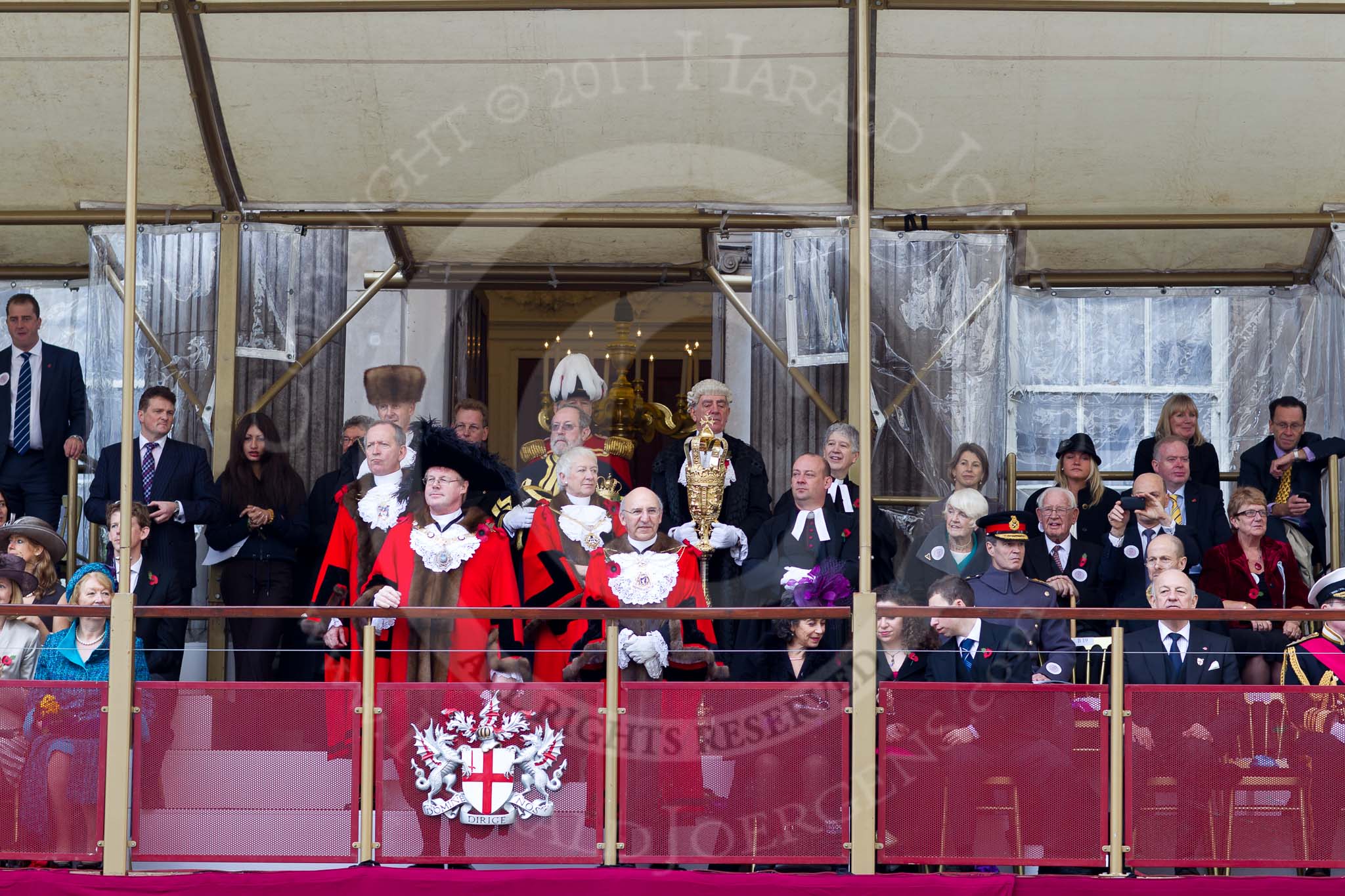 The Lord Mayor's Show 2011: The balcony in front of Mansion House, centre front the new Lord Mayor, David Wootton, and the outgoing Lord Mayor, Michael Bear..
Opposite Mansion House, City of London,
London,
-,
United Kingdom,
on 12 November 2011 at 11:13, image #176