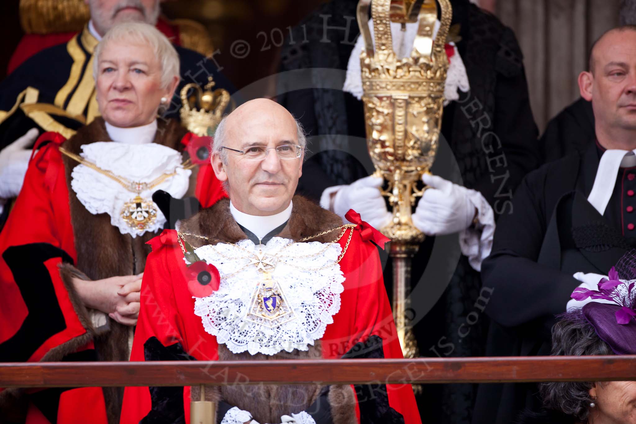 The Lord Mayor's Show 2011: The outgoing Lord Mayor, Michael Bear. Behind, on the left, Wendy Mead, Non-Aldermanic Sheriff at the Old Bailey, and on the right the Sergeant of Arms..
Opposite Mansion House, City of London,
London,
-,
United Kingdom,
on 12 November 2011 at 11:13, image #178