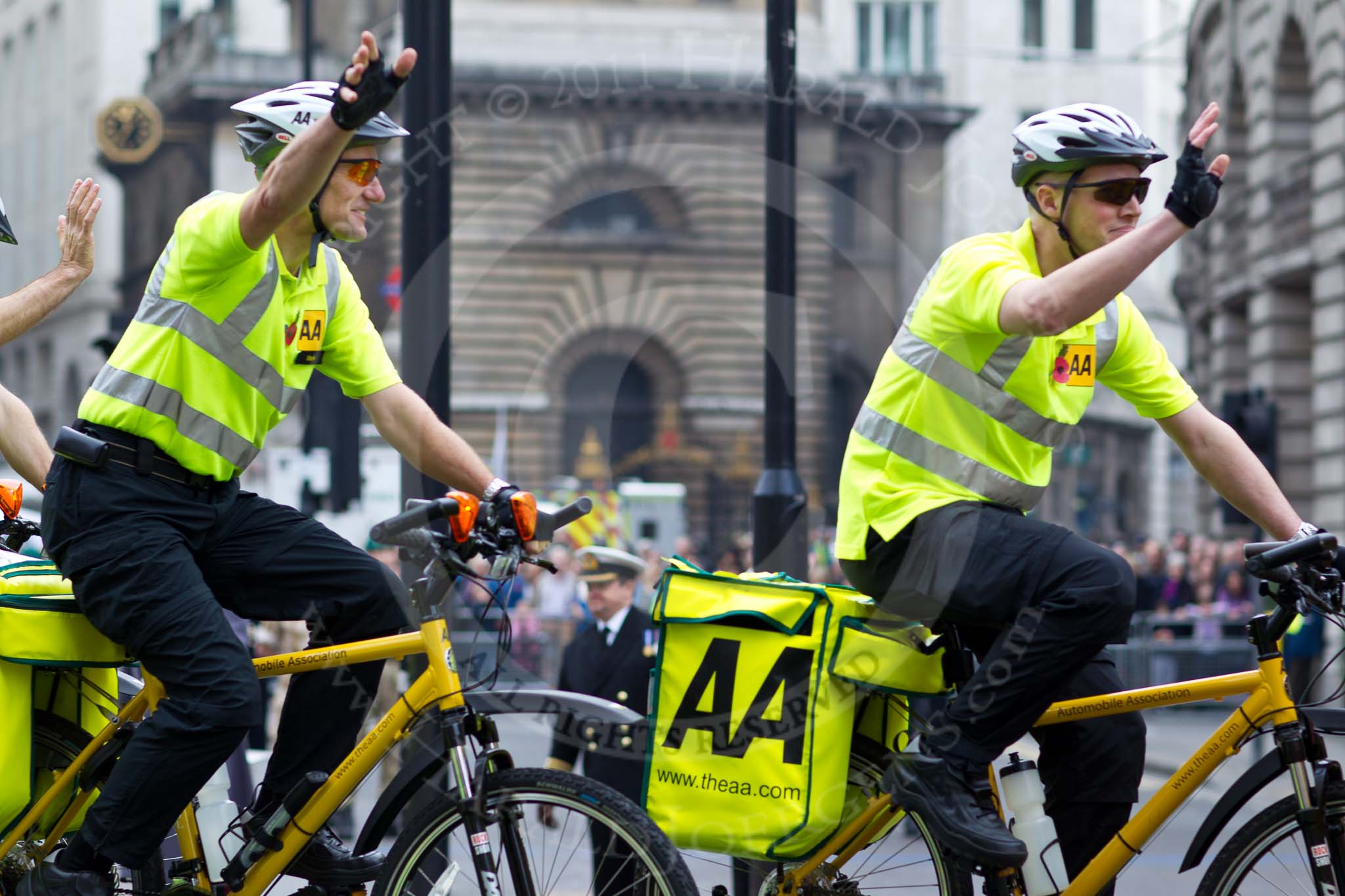 The Lord Mayor's Show 2011: Two cyclists from the Automobile Association (http://www.theaa.com/)..
Opposite Mansion House, City of London,
London,
-,
United Kingdom,
on 12 November 2011 at 11:35, image #352