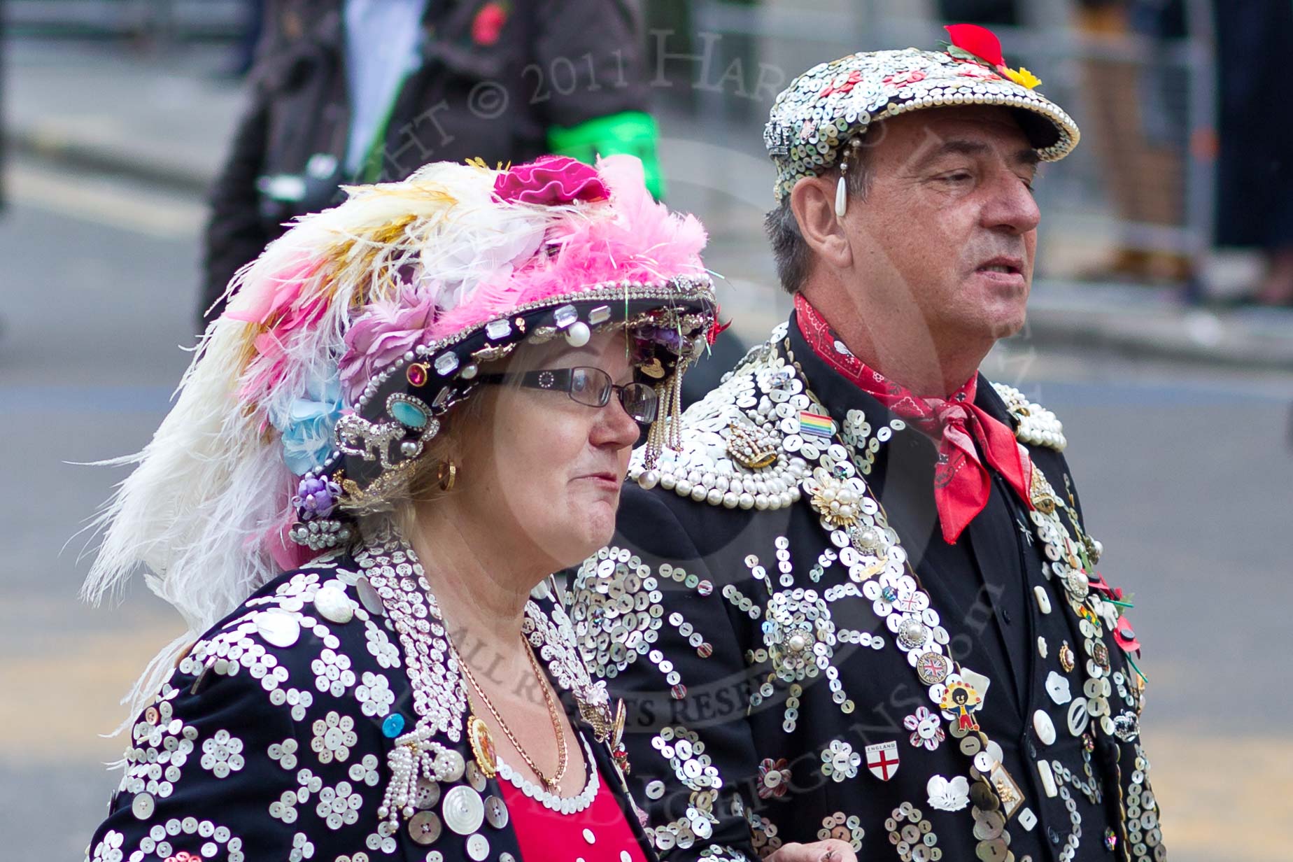 The Lord Mayor's Show 2011: Canary Wharf (http://www.canarywharf.com/):
The Pearly King and Queen of Tower Hamlets..
Opposite Mansion House, City of London,
London,
-,
United Kingdom,
on 12 November 2011 at 11:37, image #373