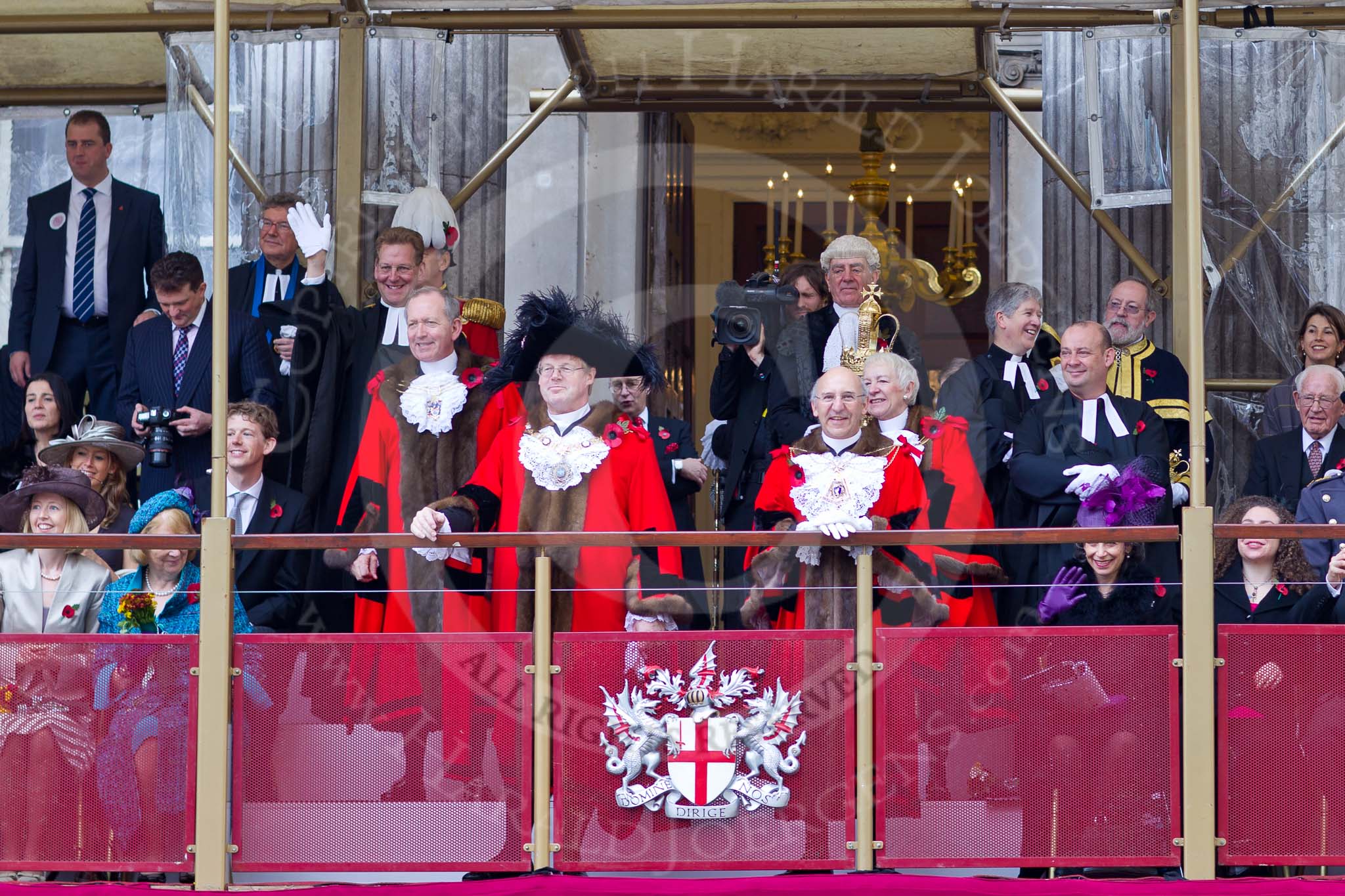 The Lord Mayor's Show 2011: The new Lord Mayor, David Wooton, and the outgoing Lord Mayor, Michael Bear, behind them the City Sheriffs, Alan Yarrow and Wendy Mead, on the balcony of Mansion House..
Opposite Mansion House, City of London,
London,
-,
United Kingdom,
on 12 November 2011 at 11:38, image #380