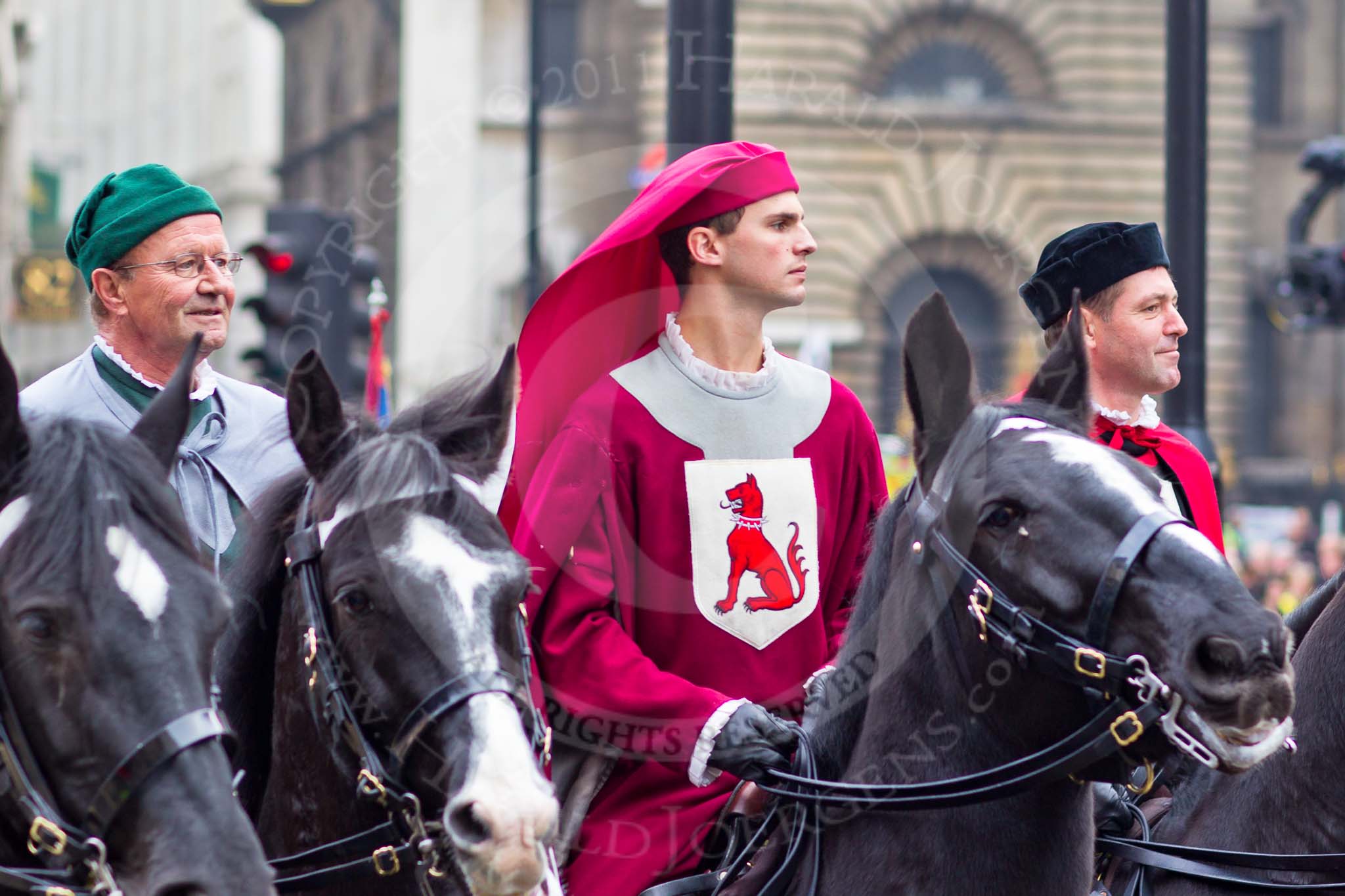 The Lord Mayor's Show 2011: The Guilds of Zurich. The red dog enblem shows that the owner has the right to hunt!.
Opposite Mansion House, City of London,
London,
-,
United Kingdom,
on 12 November 2011 at 11:39, image #397