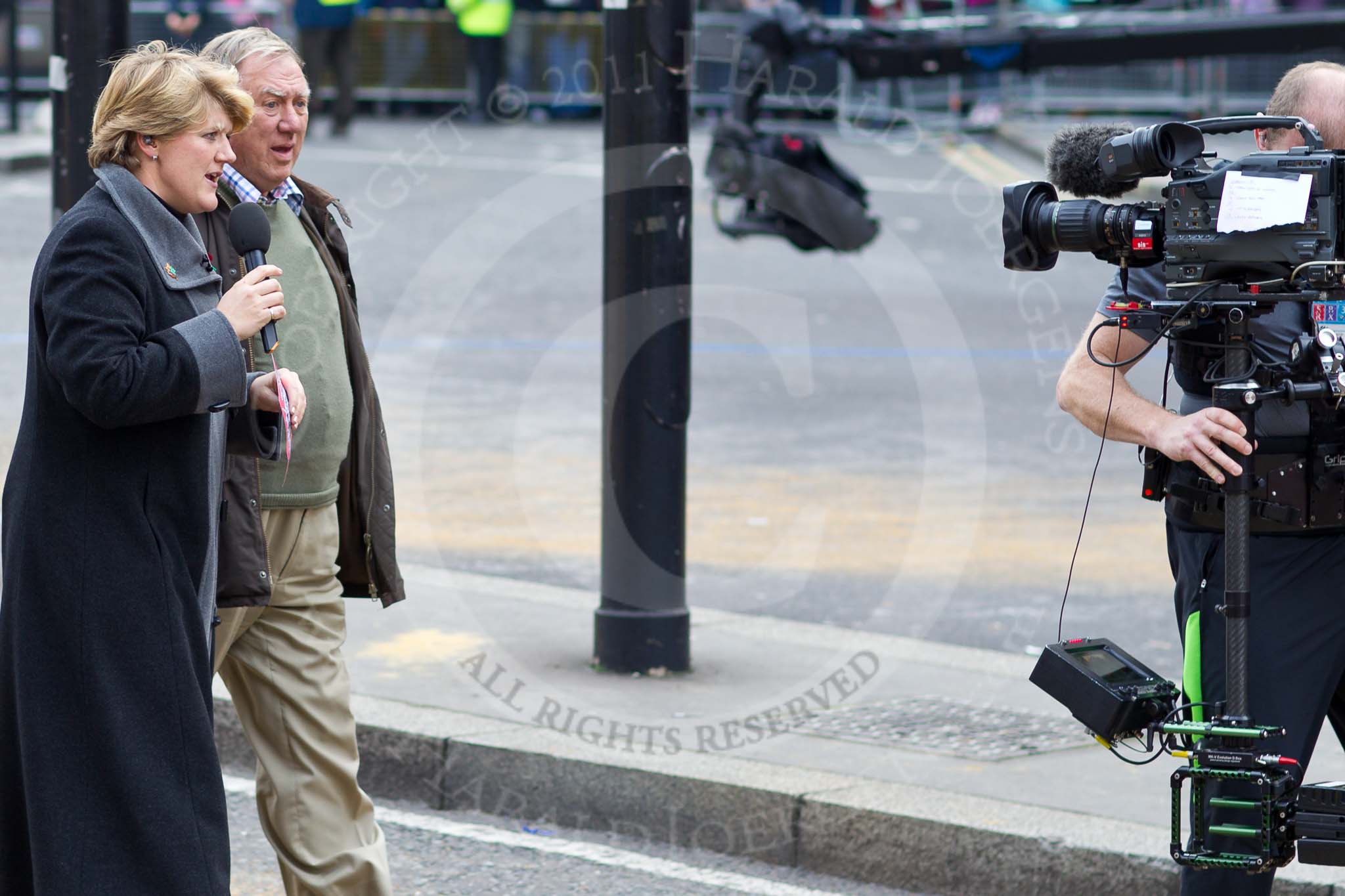 The Lord Mayor's Show 2011: The BBC's Clare Balding interviewing former Olympic Show Jumper David Broome CBE, part of the Livery Olympians entry..
Opposite Mansion House, City of London,
London,
-,
United Kingdom,
on 12 November 2011 at 11:57, image #579