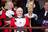 The Lord Mayor's Show 2011: The outgoing Lord Mayor, Michael Bear. Behind, on the left, Wendy Mead, Non-Aldermanic Sheriff at the Old Bailey, and on the right the Sergeant of Arms..
Opposite Mansion House, City of London,
London,
-,
United Kingdom,
on 12 November 2011 at 11:13, image #178