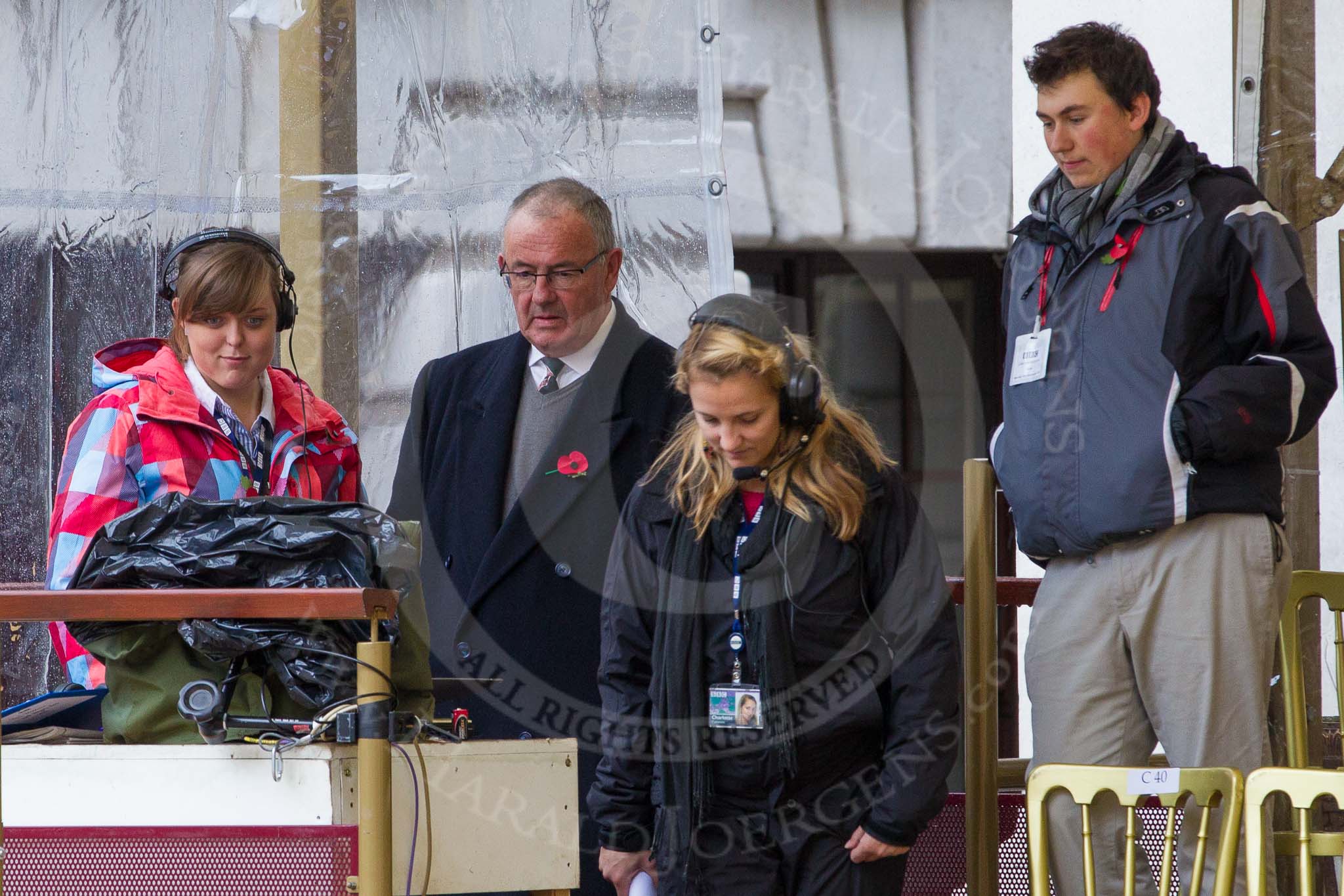 Lord Mayor's Show 2012: The BBC's Commentator Paul Dickenson with Floor Manager Charlotte Cummins on the balcony of Mansion House..
Press stand opposite Mansion House, City of London,
London,
Greater London,
United Kingdom,
on 10 November 2012 at 09:09, image #8