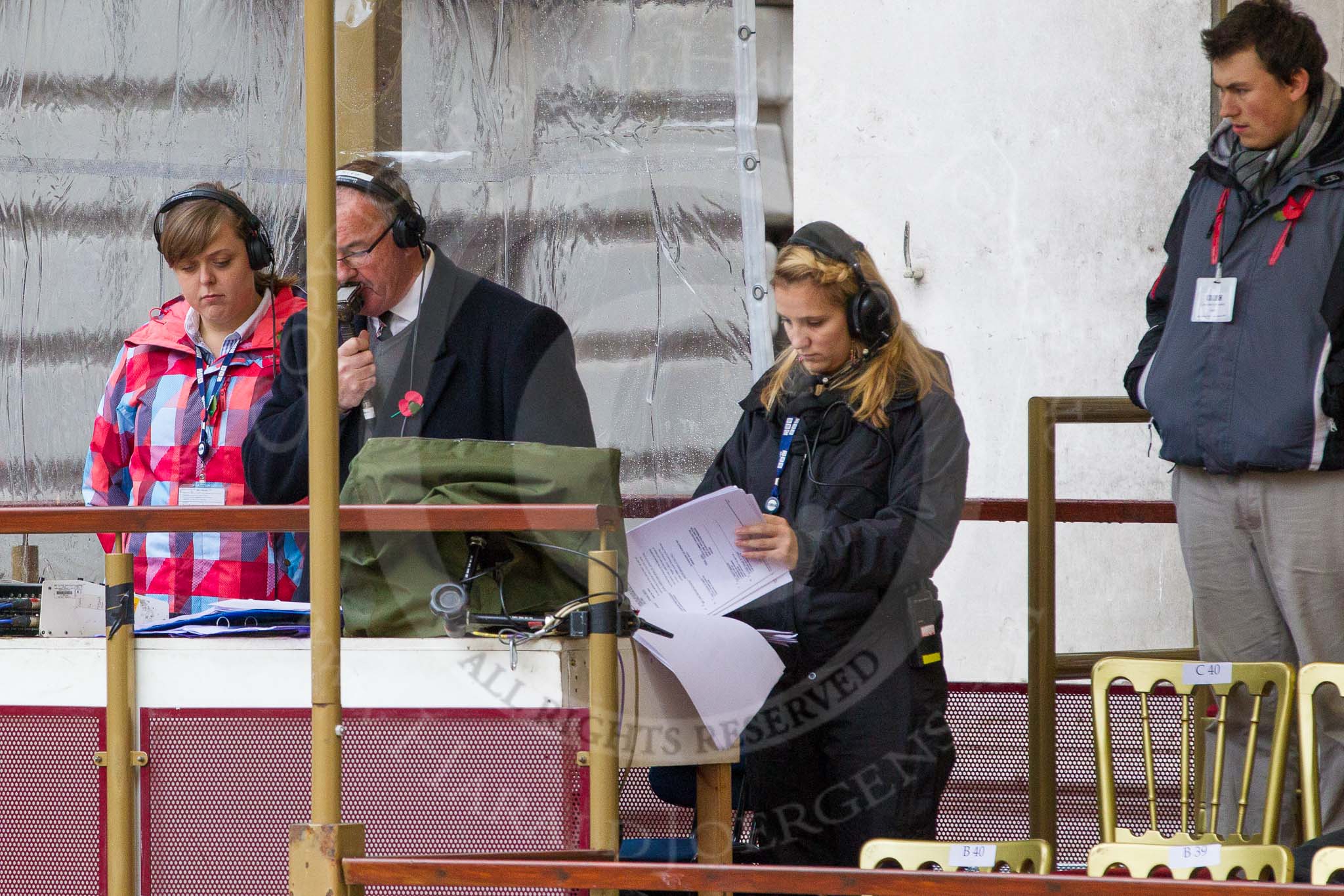 Lord Mayor's Show 2012: The BBC's Commentator Paul Dickenson with Floor Manager Charlotte Cummins on the balcony of Mansion House..
Press stand opposite Mansion House, City of London,
London,
Greater London,
United Kingdom,
on 10 November 2012 at 10:01, image #19