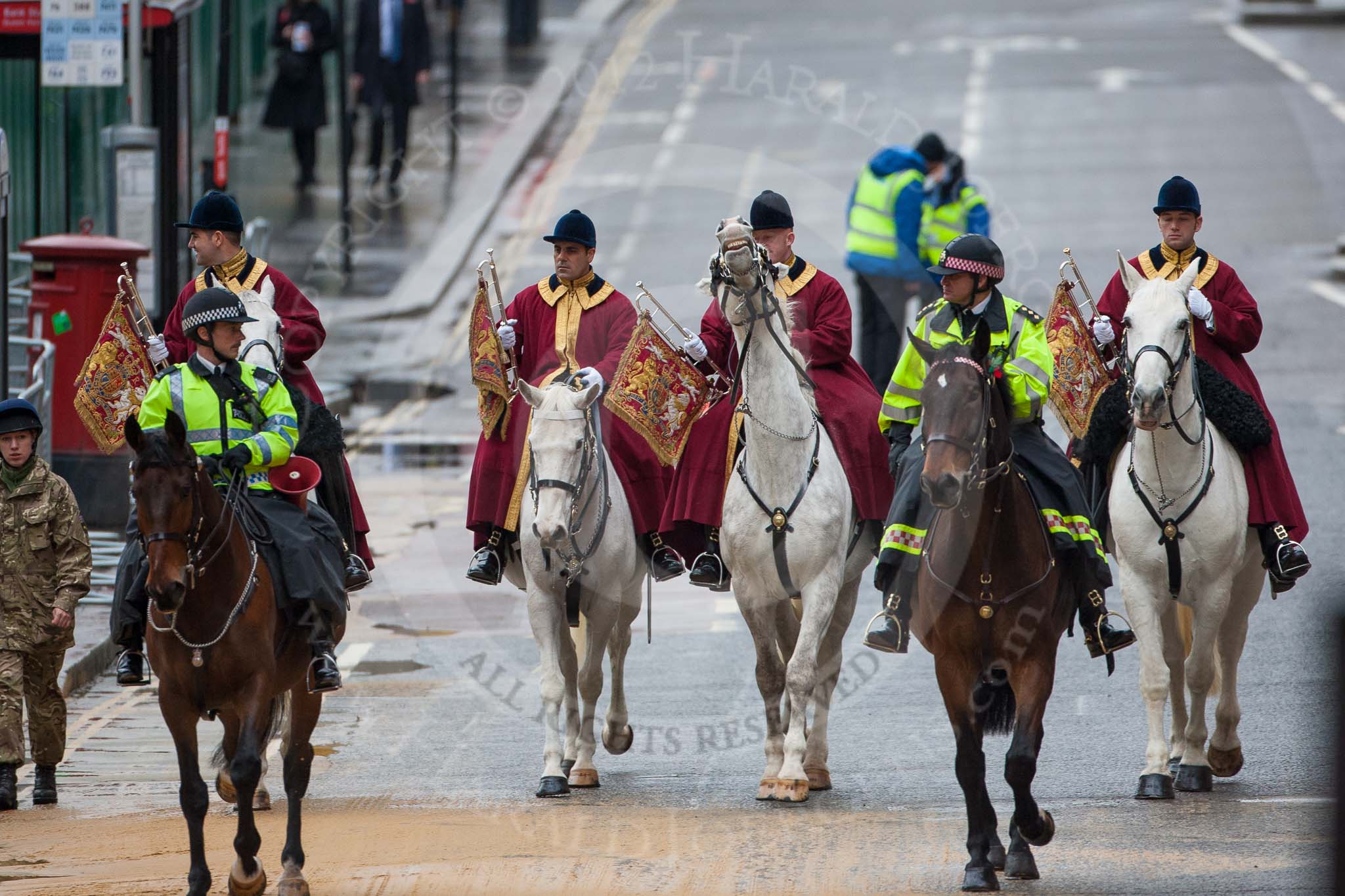 Lord Mayor's Show 2012: The arrival of the Household Cavalry State Trumpeters..
Press stand opposite Mansion House, City of London,
London,
Greater London,
United Kingdom,
on 10 November 2012 at 10:05, image #23
