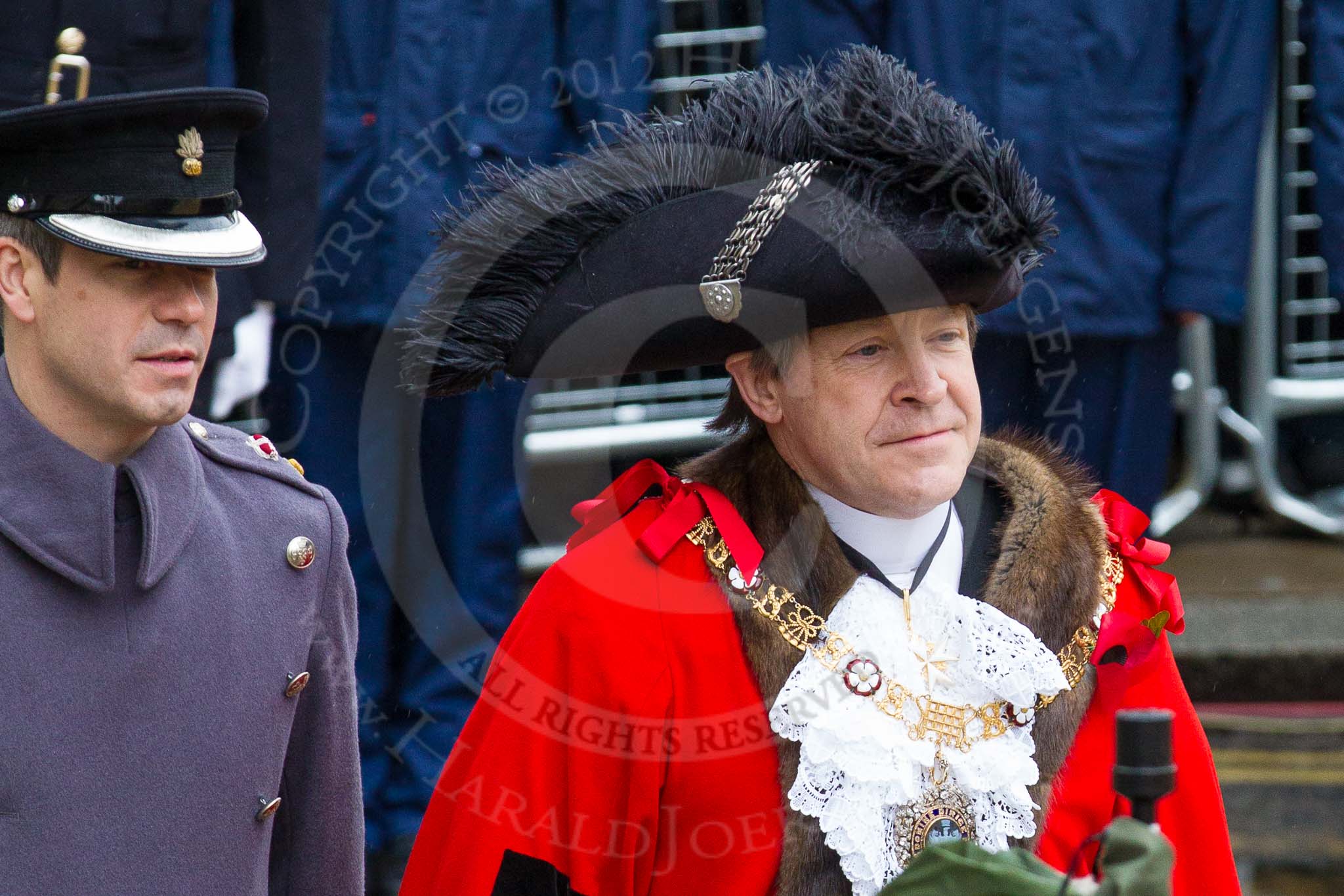 Lord Mayor's Show 2012: The Commanding Officer of the HAC, Lieutenant Colonel  Howard Wilkinson, with the Lord Mayor, Alderman Roger Gifford..
Press stand opposite Mansion House, City of London,
London,
Greater London,
United Kingdom,
on 10 November 2012 at 10:53, image #148