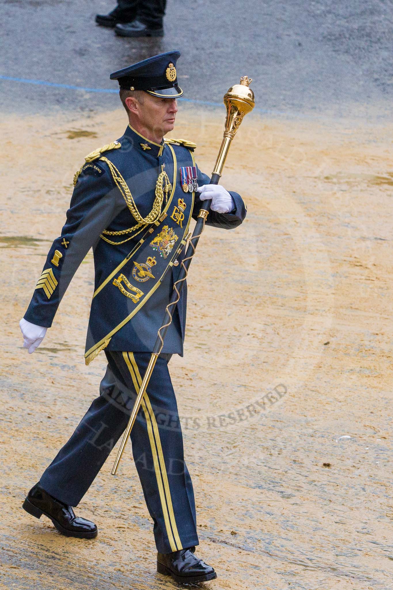 Lord Mayor's Show 2012: Entry 16 - Central Band of the RAF, lead by Flight Sergeant Neil Warrillow..
Press stand opposite Mansion House, City of London,
London,
Greater London,
United Kingdom,
on 10 November 2012 at 11:07, image #321