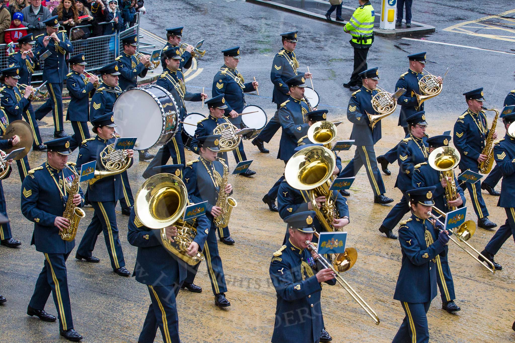Lord Mayor's Show 2012: Entry 16 - Central Band of the RAF..
Press stand opposite Mansion House, City of London,
London,
Greater London,
United Kingdom,
on 10 November 2012 at 11:07, image #324
