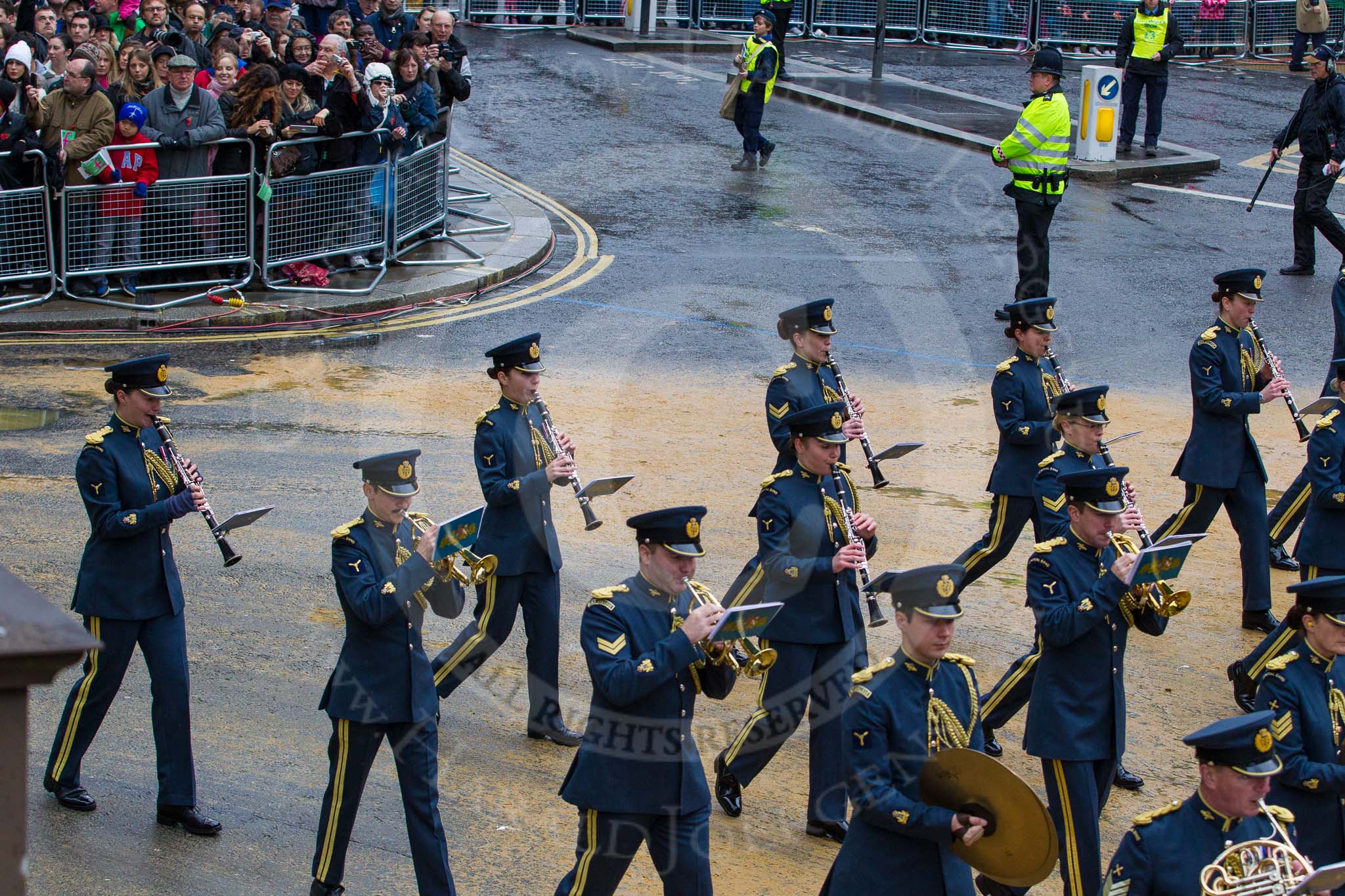 Lord Mayor's Show 2012: Entry 16 - Central Band of the RAF..
Press stand opposite Mansion House, City of London,
London,
Greater London,
United Kingdom,
on 10 November 2012 at 11:07, image #328