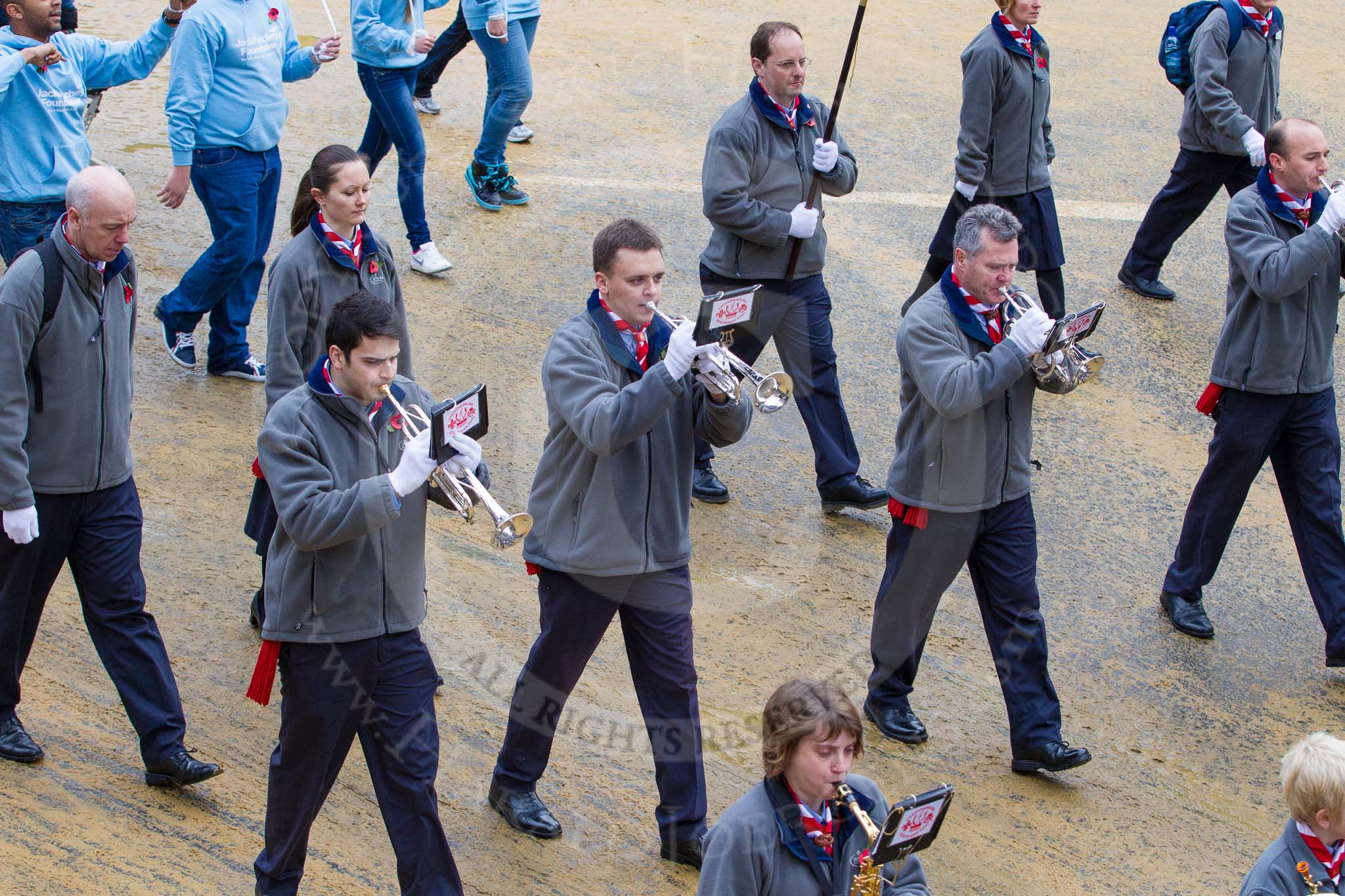 Lord Mayor's Show 2012: Entry 67 - Kingston & Malden Scout & Guide Band and 68 - Jack Petchey Foundation..
Press stand opposite Mansion House, City of London,
London,
Greater London,
United Kingdom,
on 10 November 2012 at 11:29, image #858