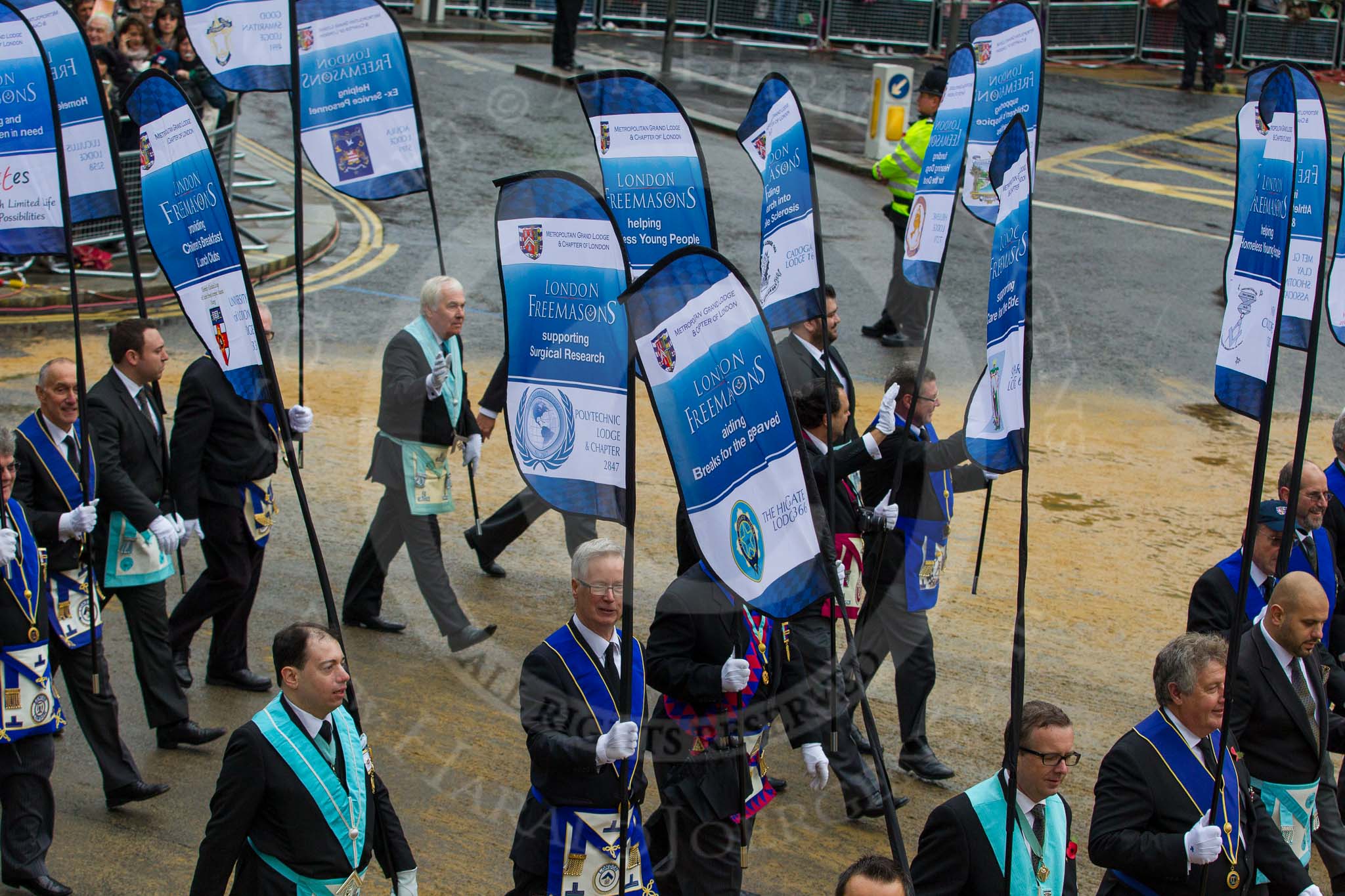 Lord Mayor's Show 2012: Entry 72 - Metropolitan Grand Lodge of London, London Freemasons..
Press stand opposite Mansion House, City of London,
London,
Greater London,
United Kingdom,
on 10 November 2012 at 11:31, image #898