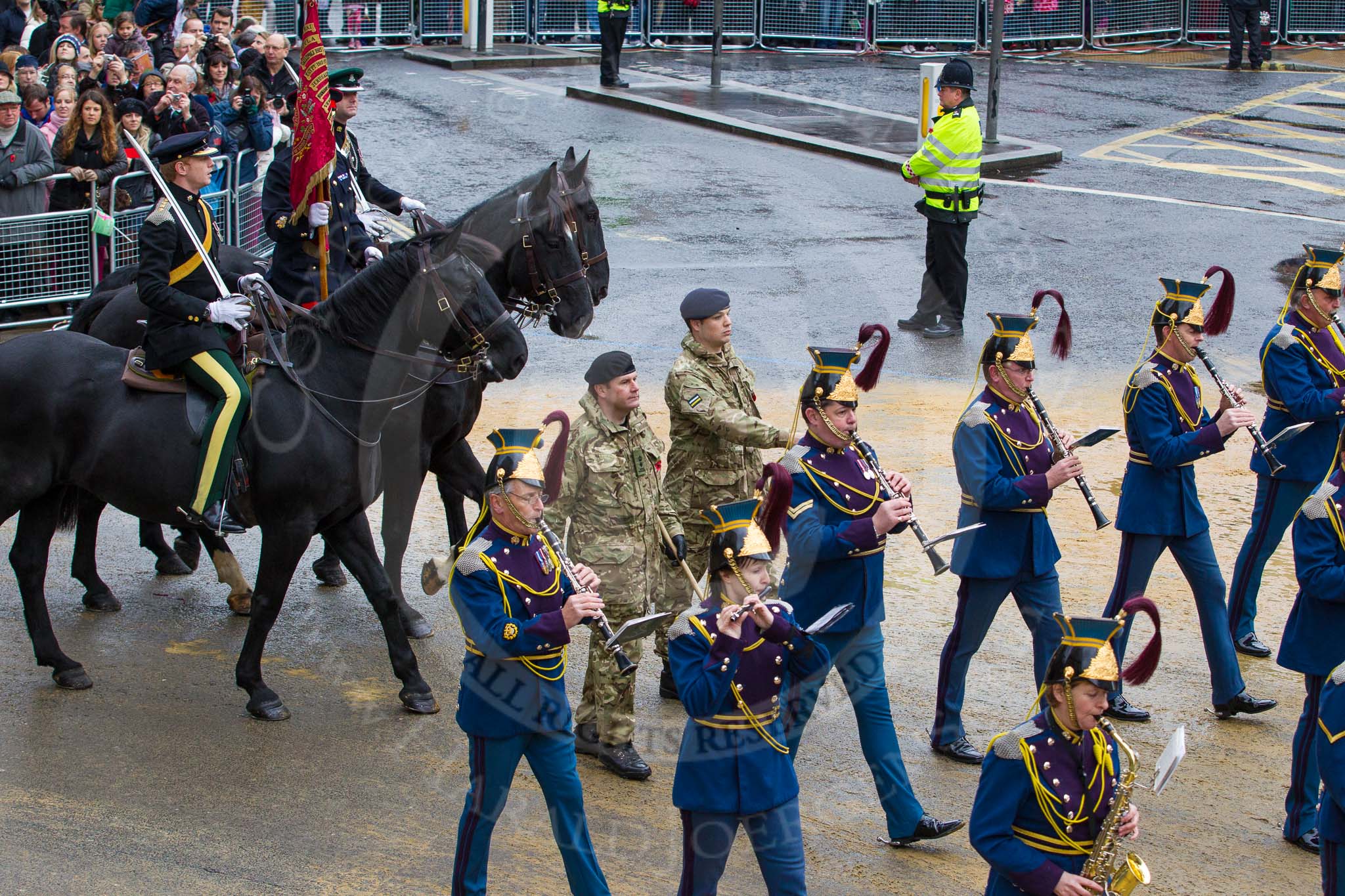 Lord Mayor's Show 2012: Entry 74 - The Band of The Royal Yeomanry (Inns of Court & City Yeomanry)..
Press stand opposite Mansion House, City of London,
London,
Greater London,
United Kingdom,
on 10 November 2012 at 11:32, image #932