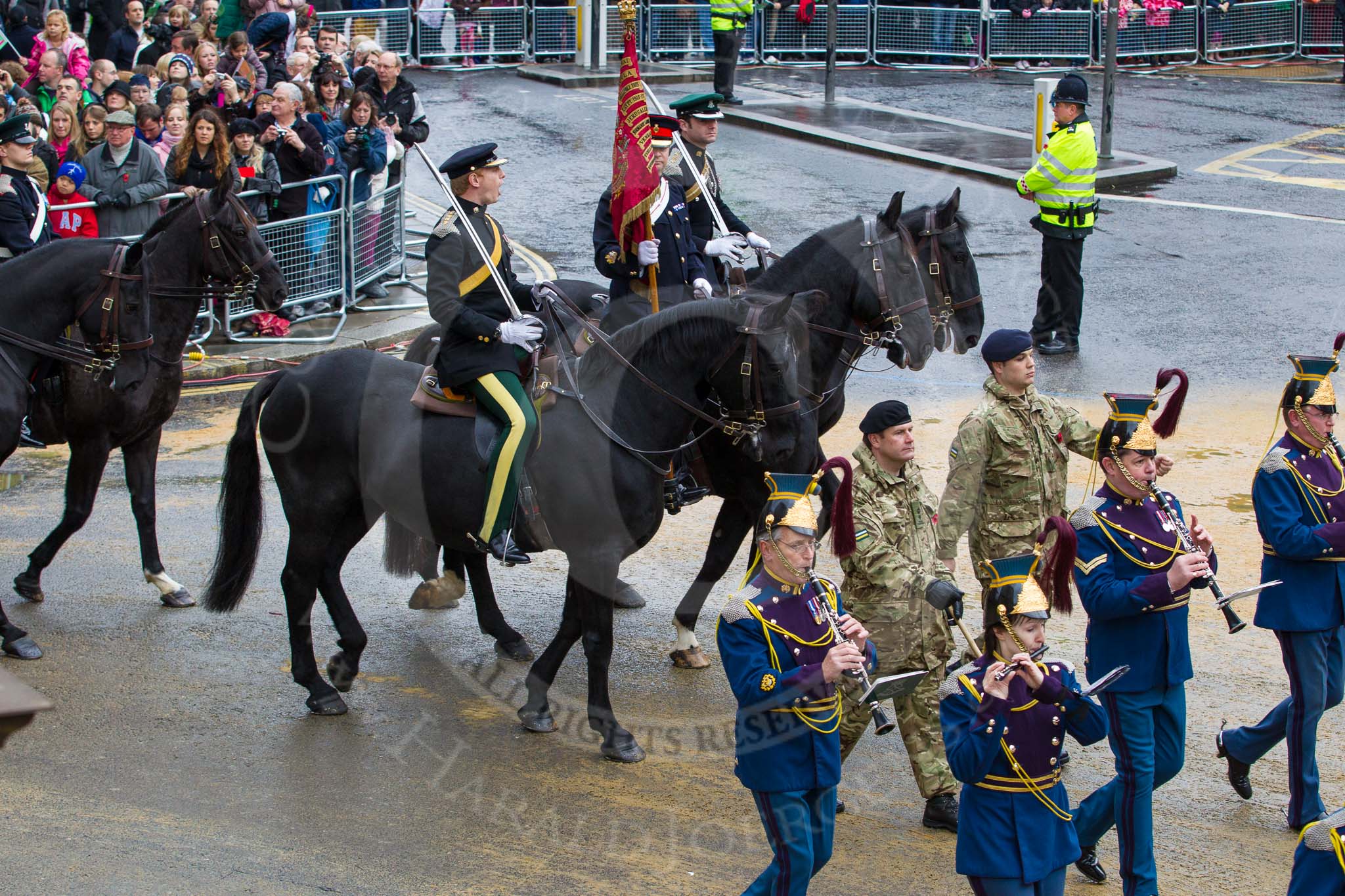 Lord Mayor's Show 2012: Entry 74 - The Band of The Royal Yeomanry (Inns of Court & City Yeomanry)..
Press stand opposite Mansion House, City of London,
London,
Greater London,
United Kingdom,
on 10 November 2012 at 11:32, image #933