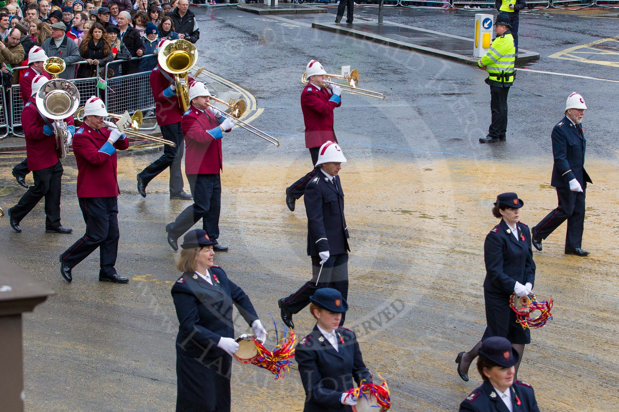 Lord Mayor's Show 2012: Entry 79 - Household Troops Band of the Salvation Army..
Press stand opposite Mansion House, City of London,
London,
Greater London,
United Kingdom,
on 10 November 2012 at 11:34, image #991