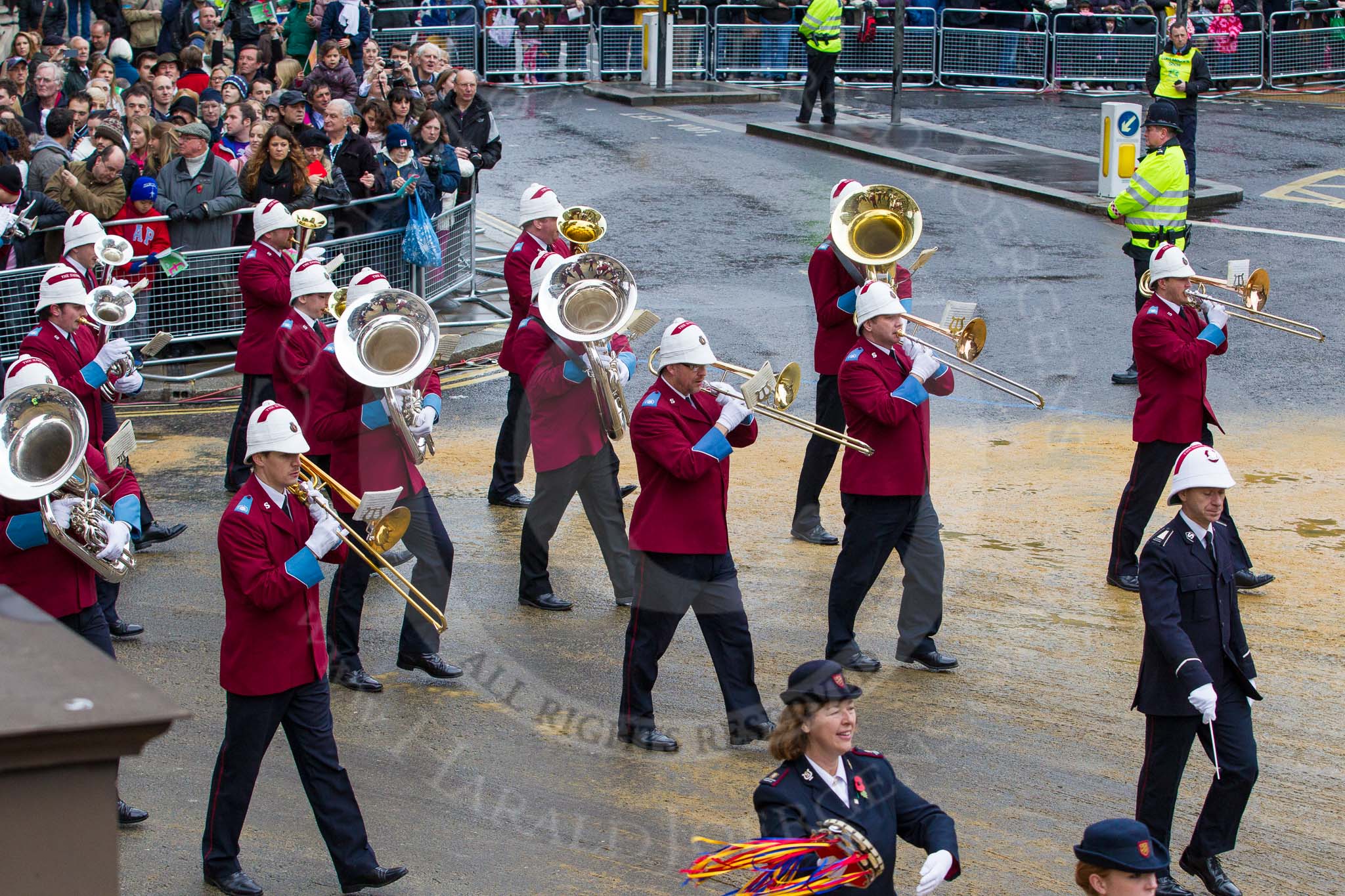 Lord Mayor's Show 2012: Entry 79 - Household Troops Band of the Salvation Army..
Press stand opposite Mansion House, City of London,
London,
Greater London,
United Kingdom,
on 10 November 2012 at 11:34, image #993