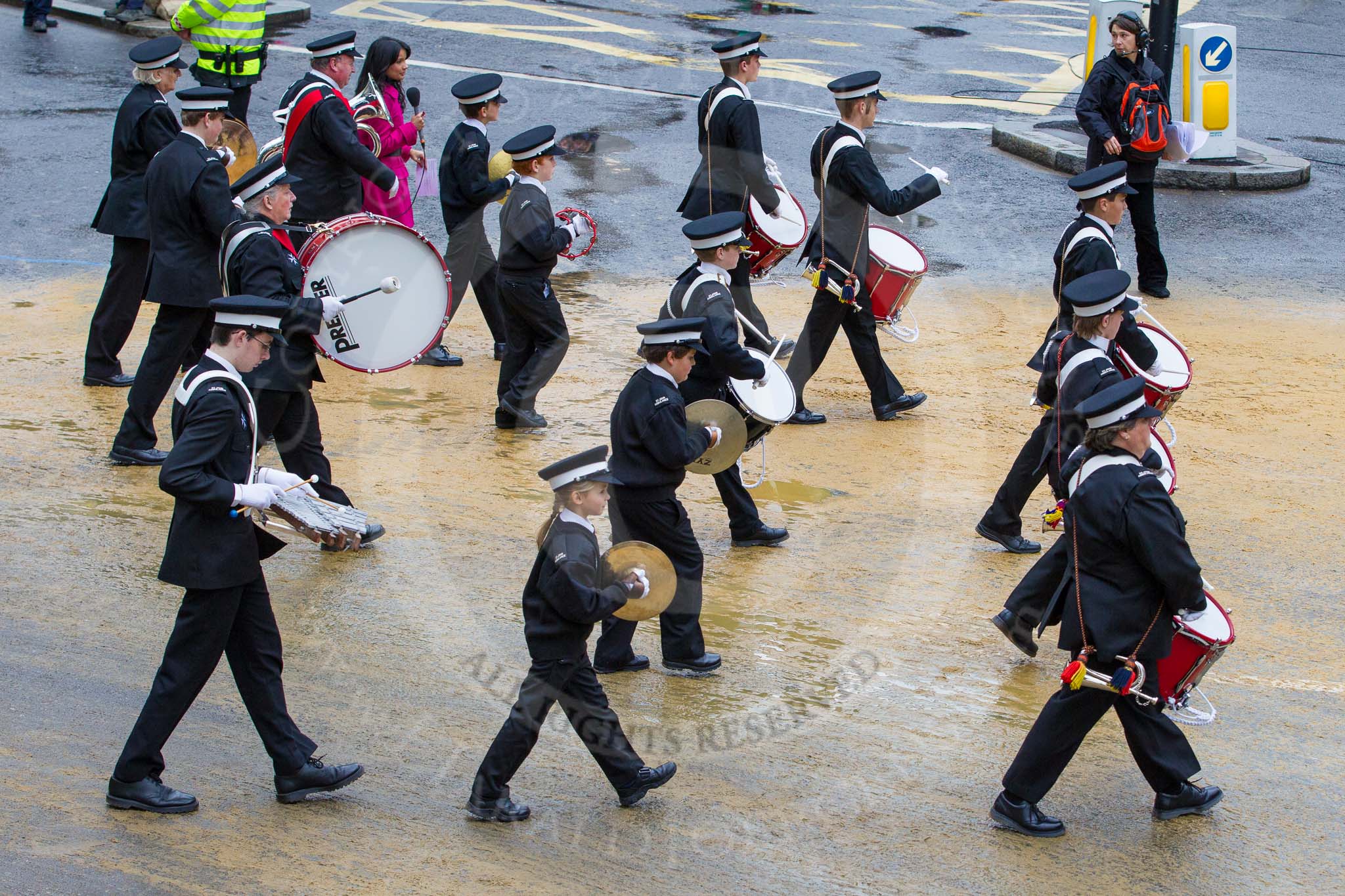 Lord Mayor's Show 2012: Entry 92 - St John Ambulance Talbot Corps of Drums..
Press stand opposite Mansion House, City of London,
London,
Greater London,
United Kingdom,
on 10 November 2012 at 11:40, image #1210