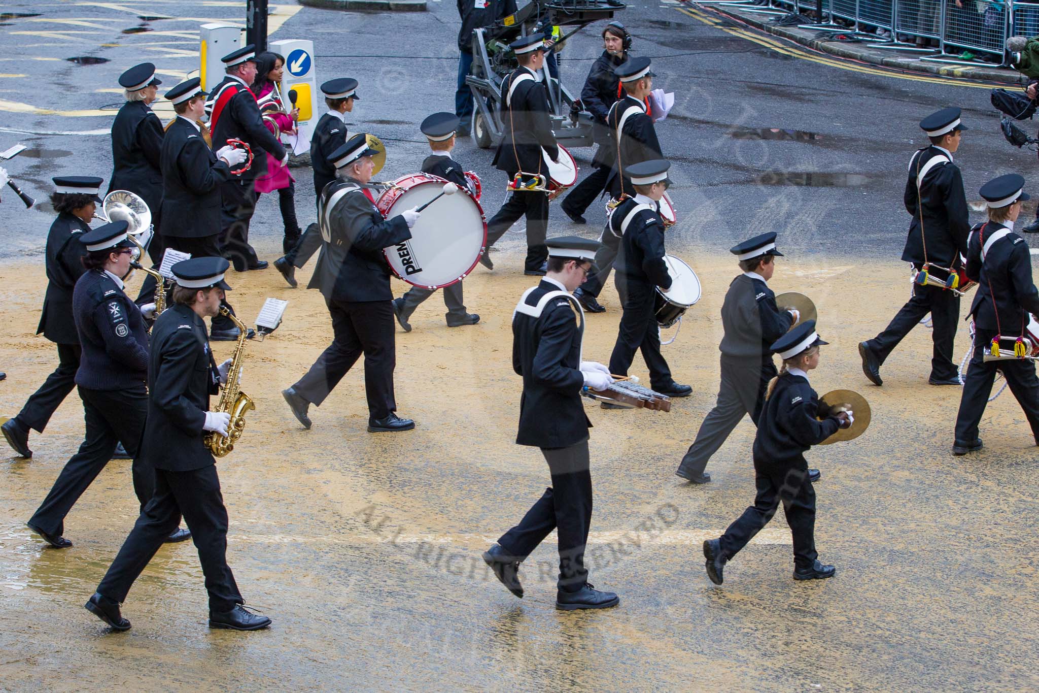 Lord Mayor's Show 2012: Entry 92 - St John Ambulance Talbot Corps of Drums..
Press stand opposite Mansion House, City of London,
London,
Greater London,
United Kingdom,
on 10 November 2012 at 11:41, image #1212