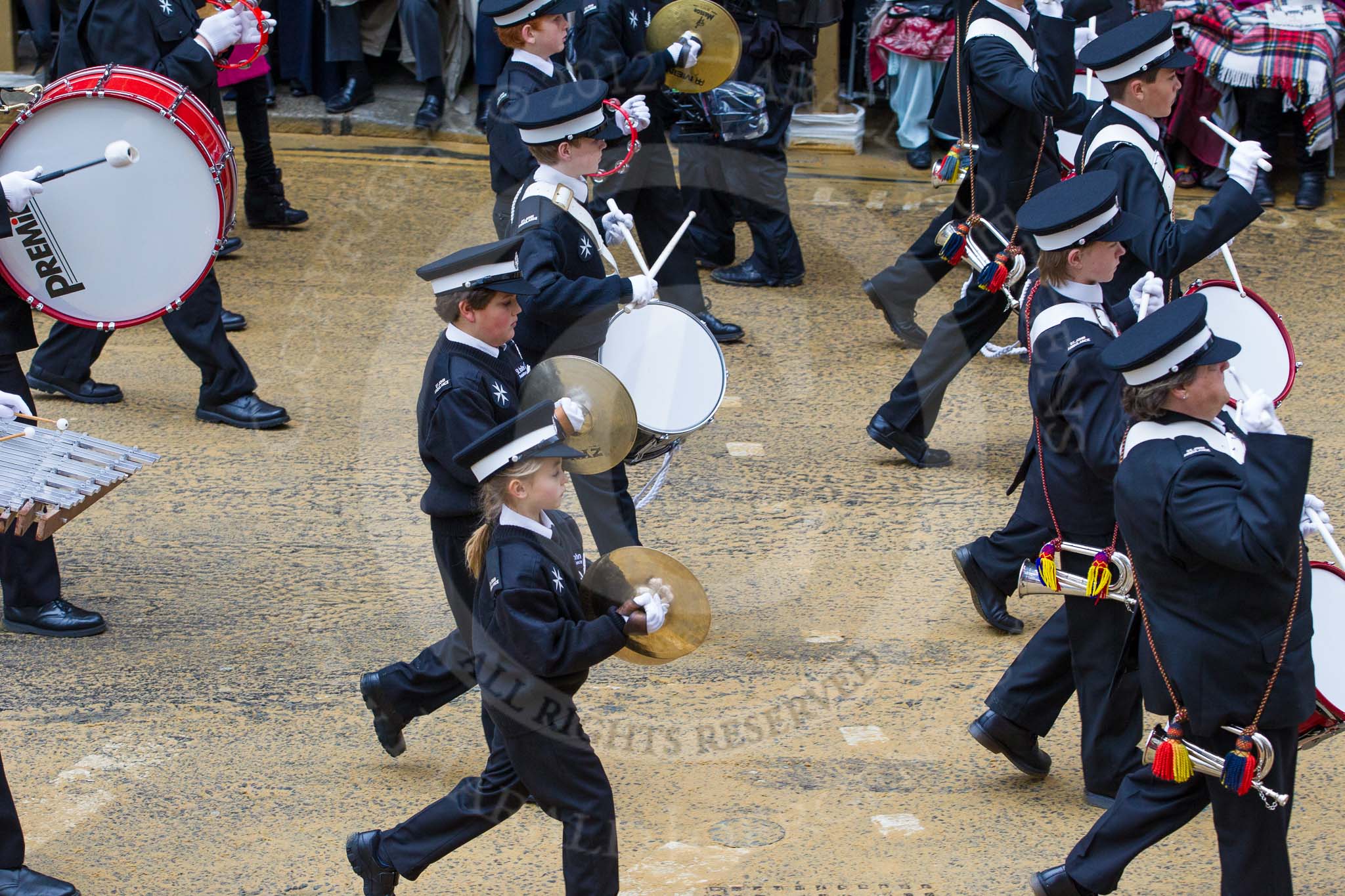 Lord Mayor's Show 2012: Entry 92 - St John Ambulance Talbot Corps of Drums..
Press stand opposite Mansion House, City of London,
London,
Greater London,
United Kingdom,
on 10 November 2012 at 11:41, image #1230