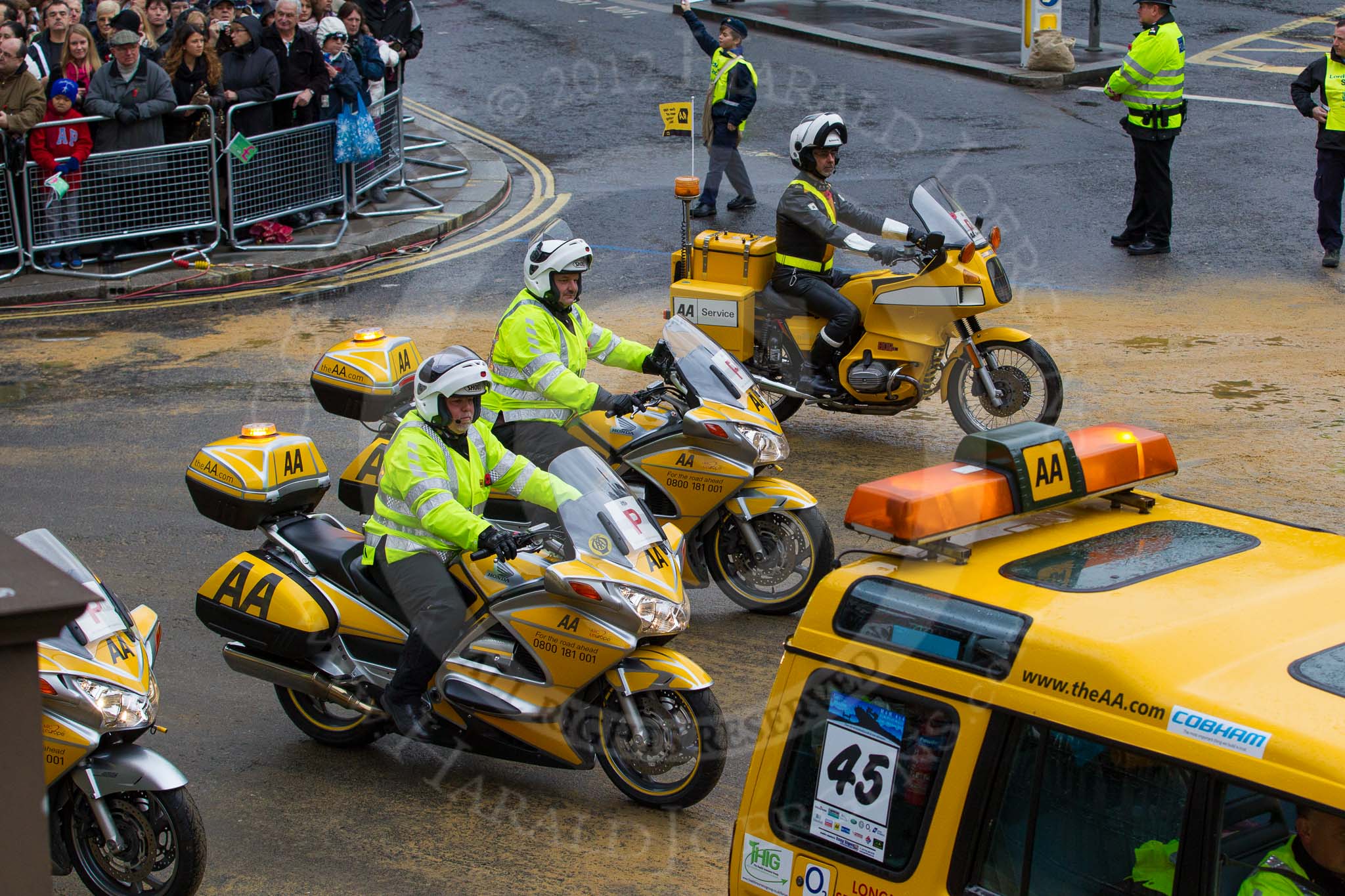 Lord Mayor's Show 2012: Entry 97 - AA, the Automobile Association..
Press stand opposite Mansion House, City of London,
London,
Greater London,
United Kingdom,
on 10 November 2012 at 11:45, image #1298