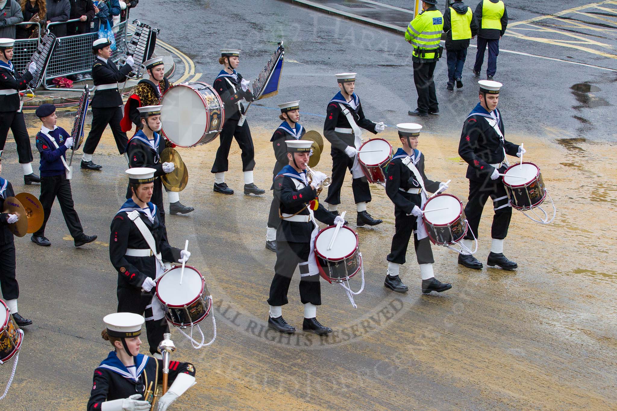 Lord Mayor's Show 2012: Entry 98 - Sea Cadet Corps Band..
Press stand opposite Mansion House, City of London,
London,
Greater London,
United Kingdom,
on 10 November 2012 at 11:45, image #1304