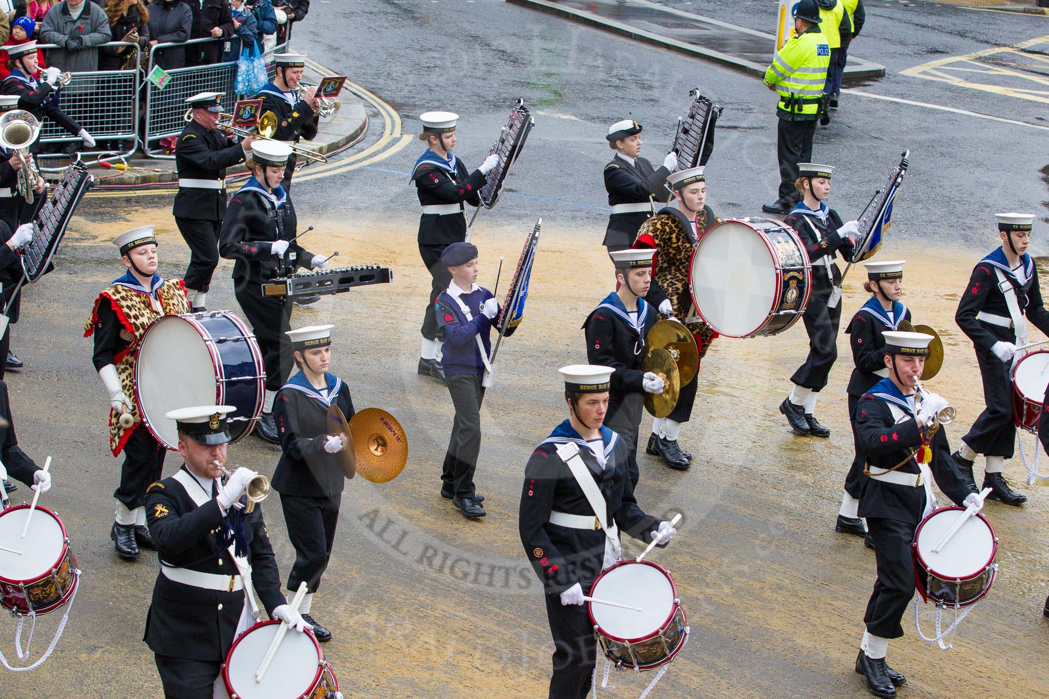 Lord Mayor's Show 2012: Entry 98 - Sea Cadet Corps Band..
Press stand opposite Mansion House, City of London,
London,
Greater London,
United Kingdom,
on 10 November 2012 at 11:45, image #1307
