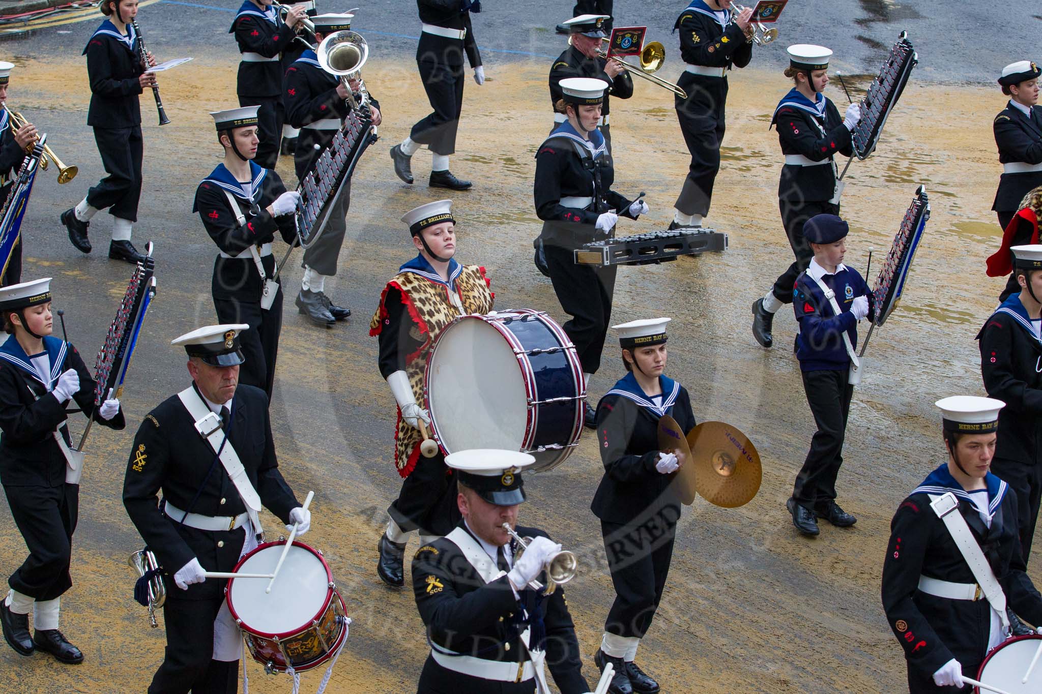 Lord Mayor's Show 2012: Entry 98 - Sea Cadet Corps Band..
Press stand opposite Mansion House, City of London,
London,
Greater London,
United Kingdom,
on 10 November 2012 at 11:45, image #1309