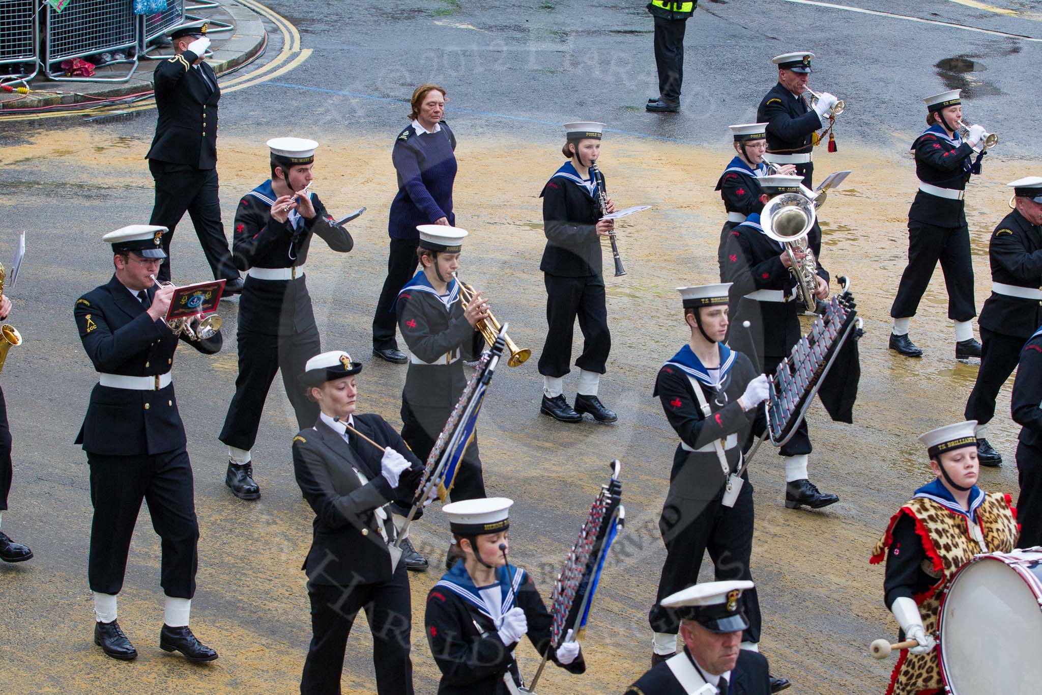 Lord Mayor's Show 2012: Entry 98 - Sea Cadet Corps Band..
Press stand opposite Mansion House, City of London,
London,
Greater London,
United Kingdom,
on 10 November 2012 at 11:45, image #1313
