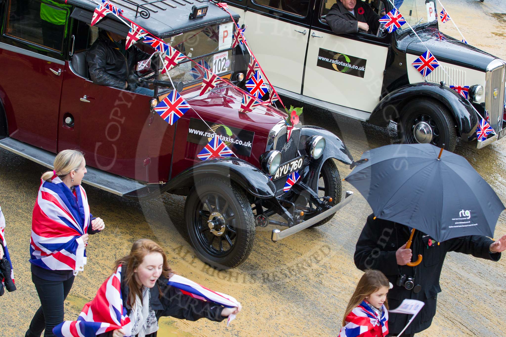 Lord Mayor's Show 2012: Entry 102 - Radio Taxis, supporting the charity Action for Kids..
Press stand opposite Mansion House, City of London,
London,
Greater London,
United Kingdom,
on 10 November 2012 at 11:49, image #1373