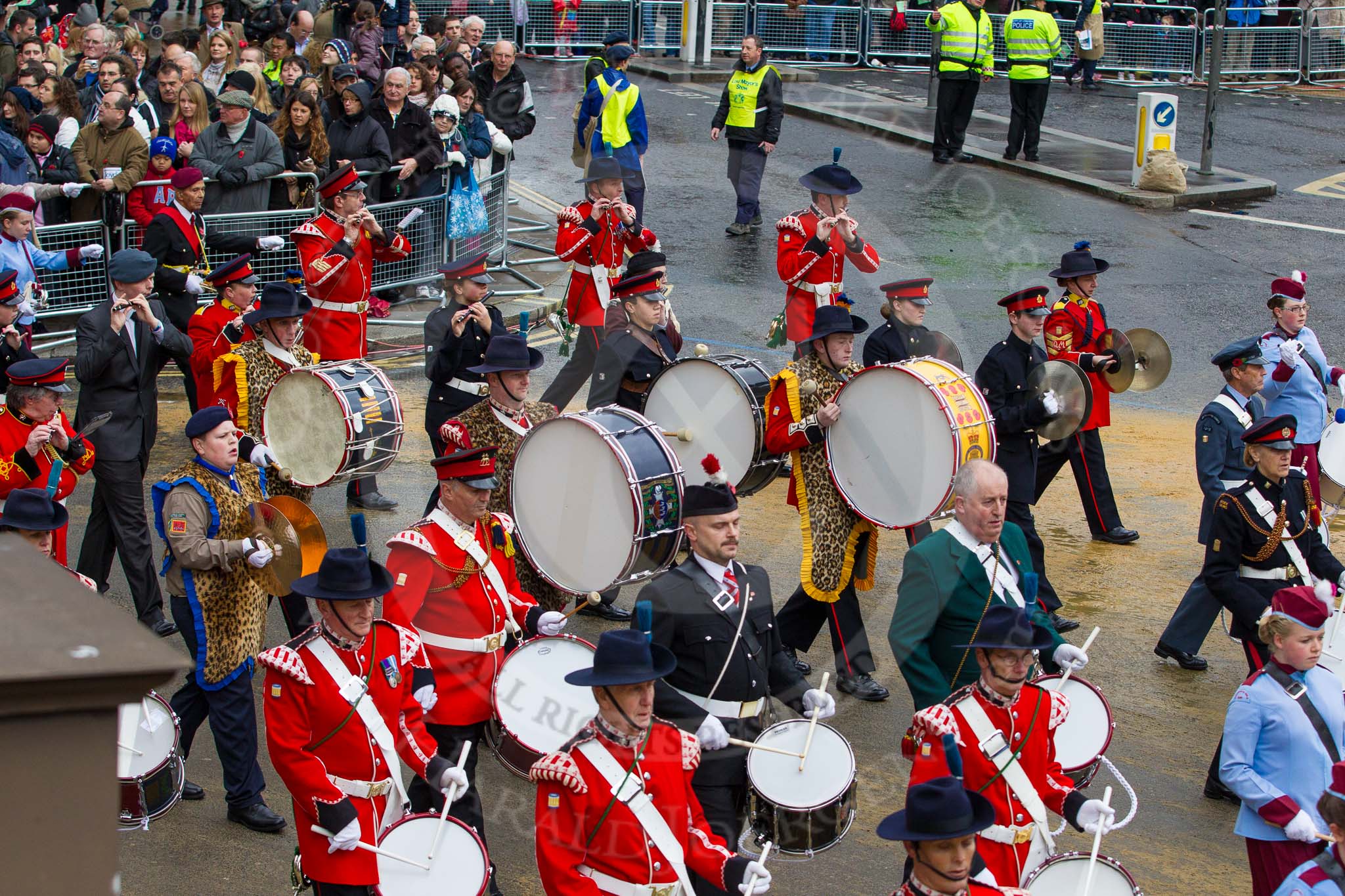 Lord Mayor's Show 2012: Entry 105 - Corps of Drums Society..
Press stand opposite Mansion House, City of London,
London,
Greater London,
United Kingdom,
on 10 November 2012 at 11:53, image #1471