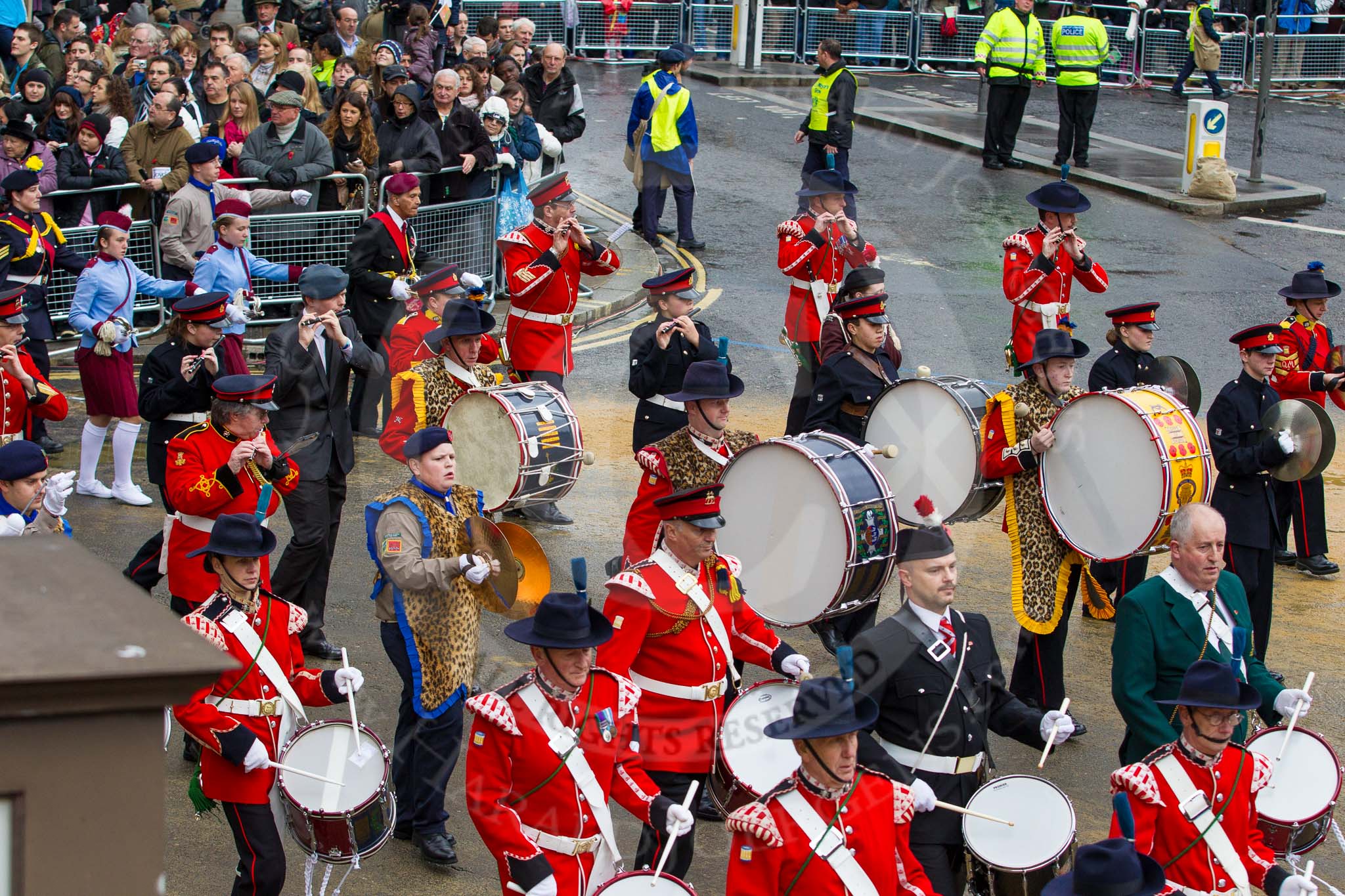 Lord Mayor's Show 2012: Entry 105 - Corps of Drums Society..
Press stand opposite Mansion House, City of London,
London,
Greater London,
United Kingdom,
on 10 November 2012 at 11:53, image #1472