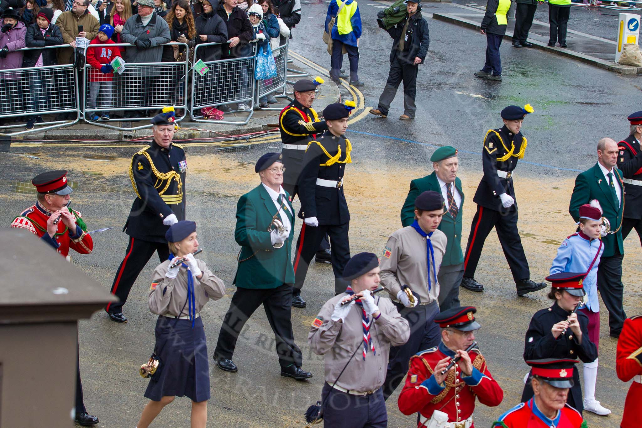 Lord Mayor's Show 2012: Entry 105 - Corps of Drums Society..
Press stand opposite Mansion House, City of London,
London,
Greater London,
United Kingdom,
on 10 November 2012 at 11:53, image #1478