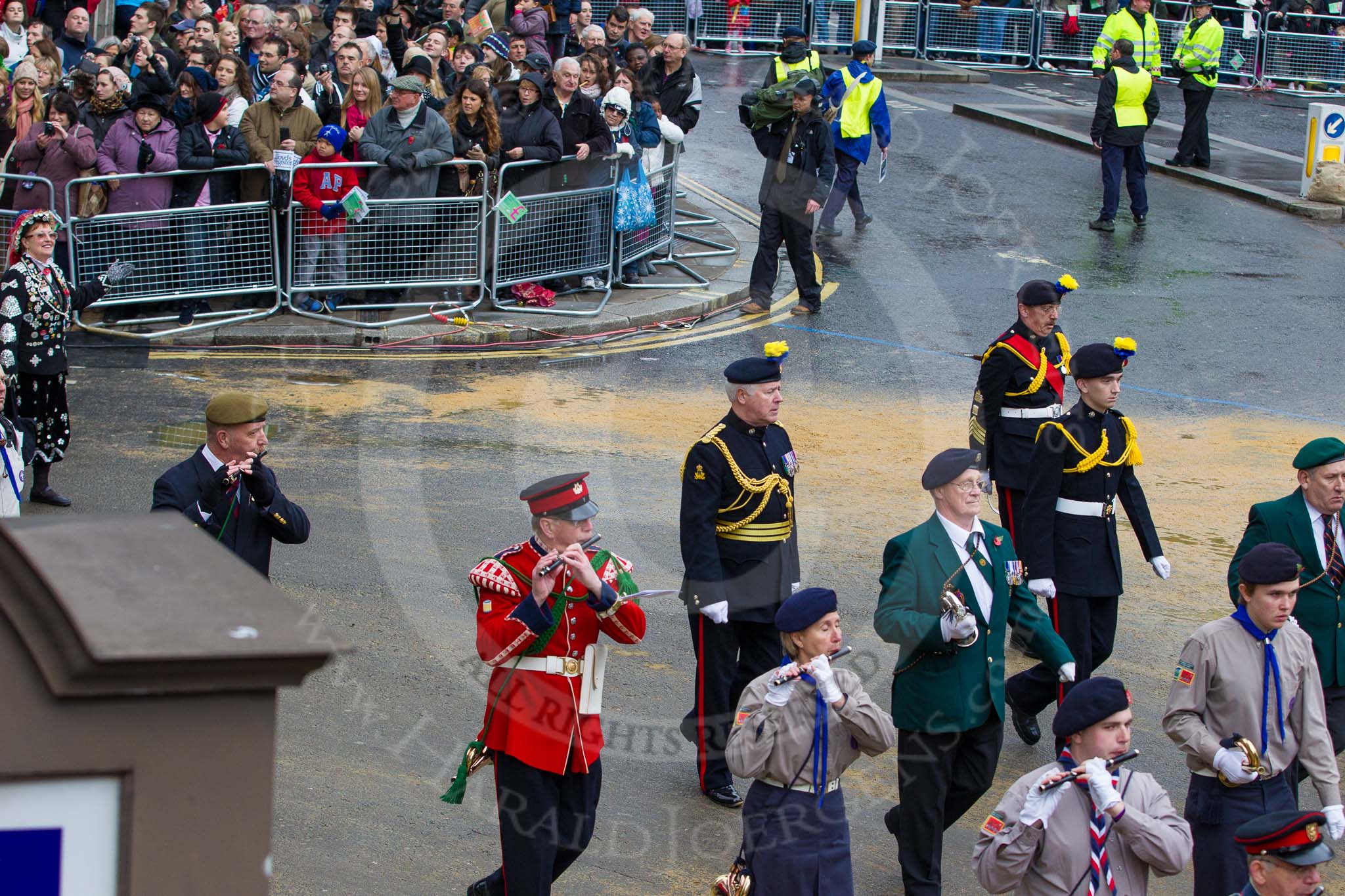 Lord Mayor's Show 2012: Entry 105 - Corps of Drums Society..
Press stand opposite Mansion House, City of London,
London,
Greater London,
United Kingdom,
on 10 November 2012 at 11:53, image #1480