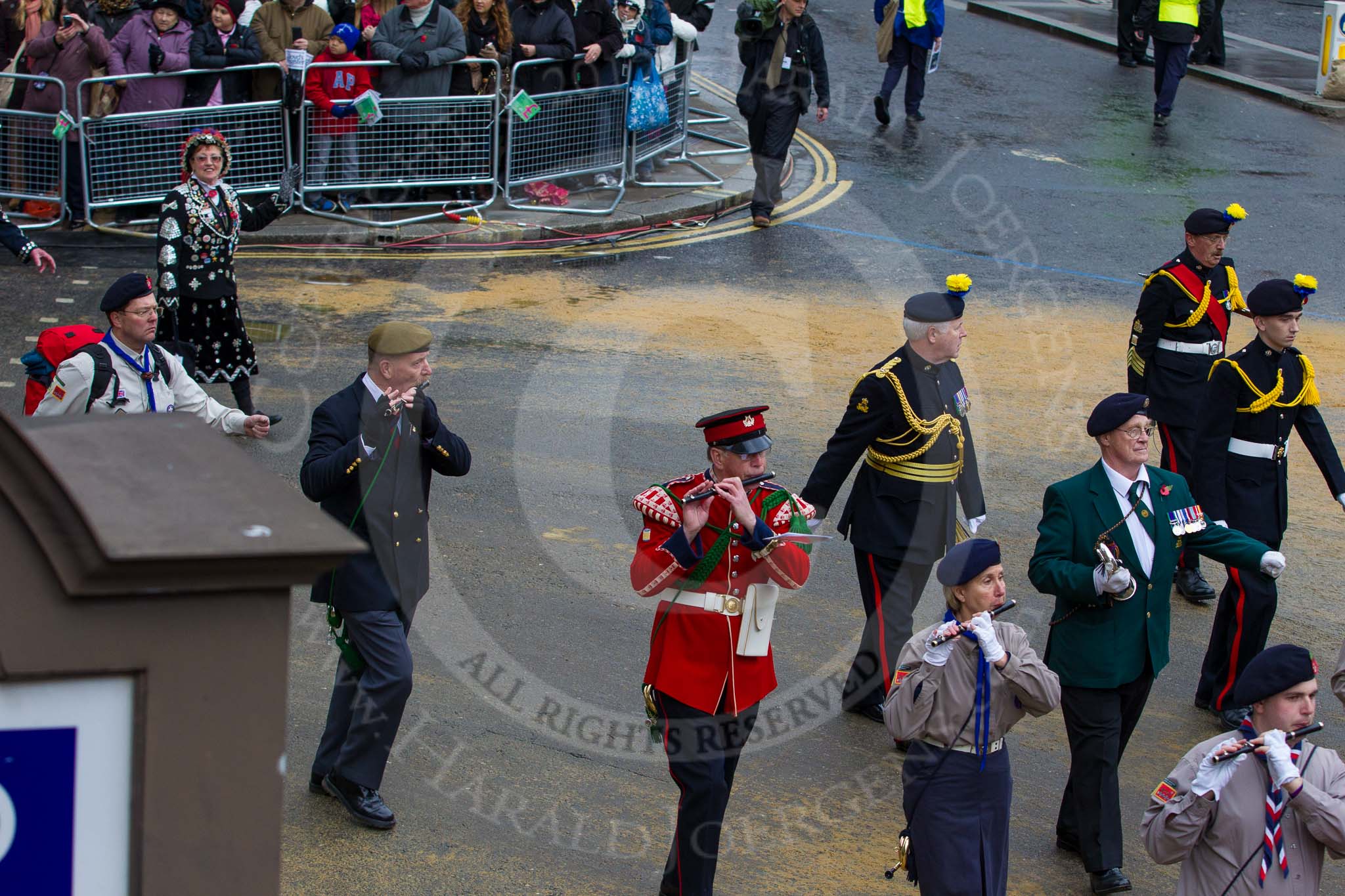 Lord Mayor's Show 2012: Entry 105 - Corps of Drums Society..
Press stand opposite Mansion House, City of London,
London,
Greater London,
United Kingdom,
on 10 November 2012 at 11:53, image #1481