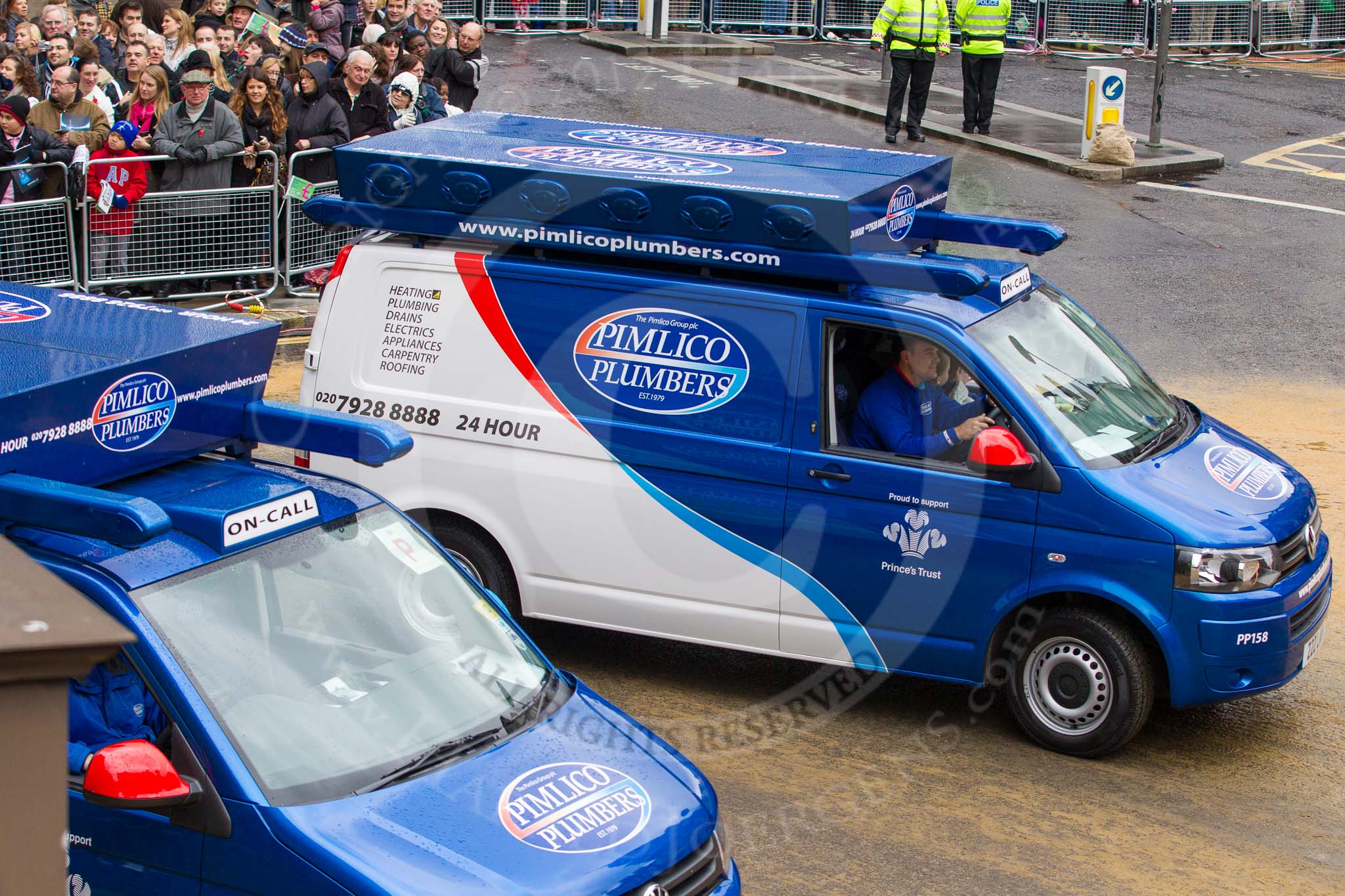 Lord Mayor's Show 2012: Entry 107 - Pimlico Plumbers..
Press stand opposite Mansion House, City of London,
London,
Greater London,
United Kingdom,
on 10 November 2012 at 11:54, image #1535