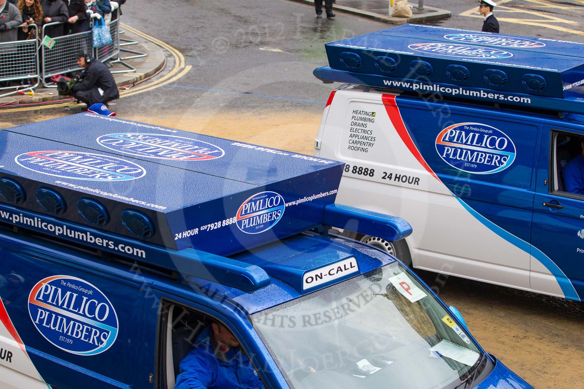 Lord Mayor's Show 2012: Entry 107 - Pimlico Plumbers..
Press stand opposite Mansion House, City of London,
London,
Greater London,
United Kingdom,
on 10 November 2012 at 11:54, image #1536