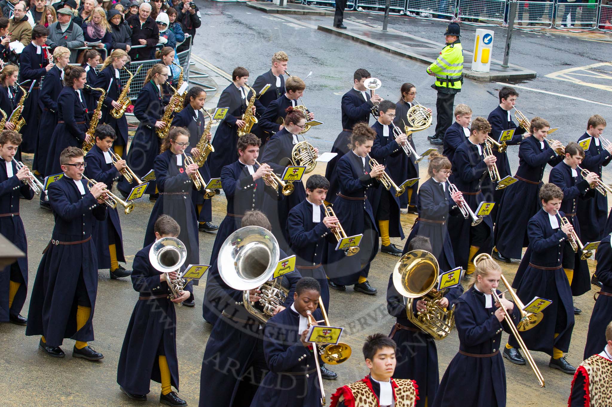 Lord Mayor's Show 2012: Entry 123 - Christ's Hospital School Band..
Press stand opposite Mansion House, City of London,
London,
Greater London,
United Kingdom,
on 10 November 2012 at 12:02, image #1770