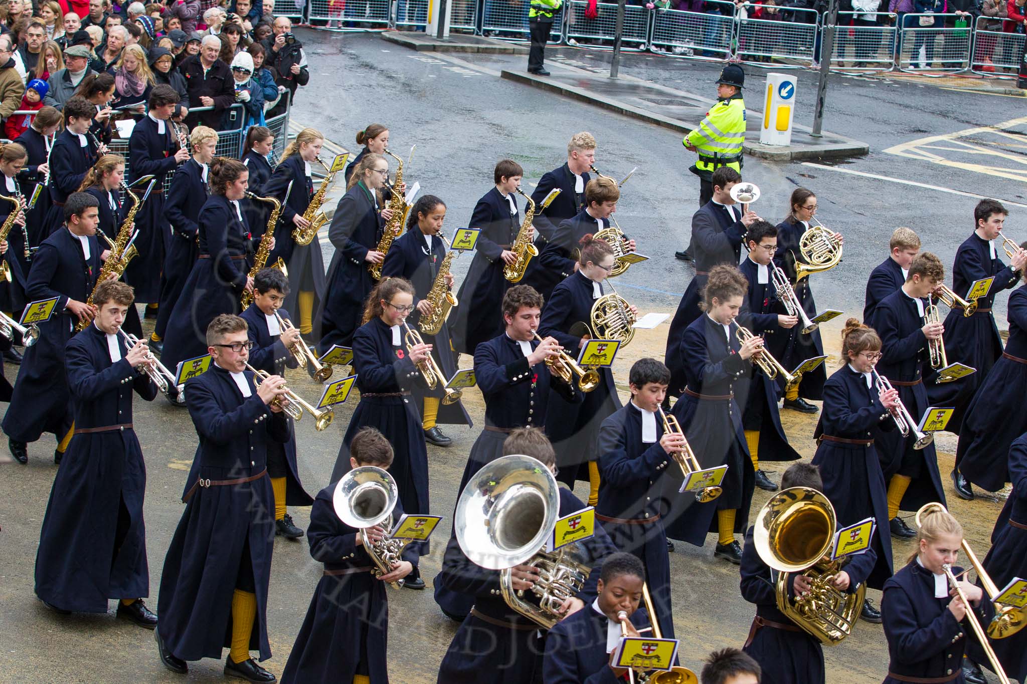 Lord Mayor's Show 2012: Entry 123 - Christ's Hospital School Band..
Press stand opposite Mansion House, City of London,
London,
Greater London,
United Kingdom,
on 10 November 2012 at 12:02, image #1772