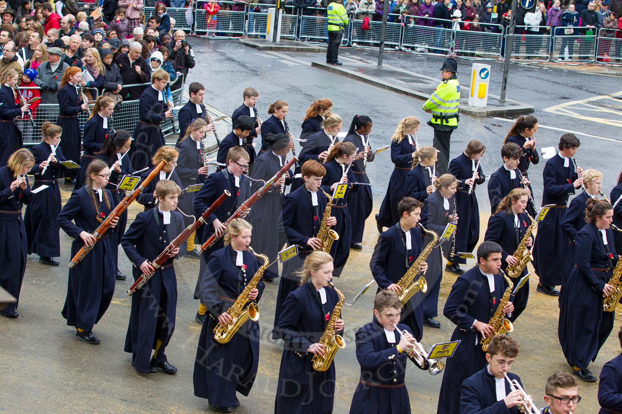 Lord Mayor's Show 2012: Entry 123 - Christ's Hospital School Band..
Press stand opposite Mansion House, City of London,
London,
Greater London,
United Kingdom,
on 10 November 2012 at 12:02, image #1780
