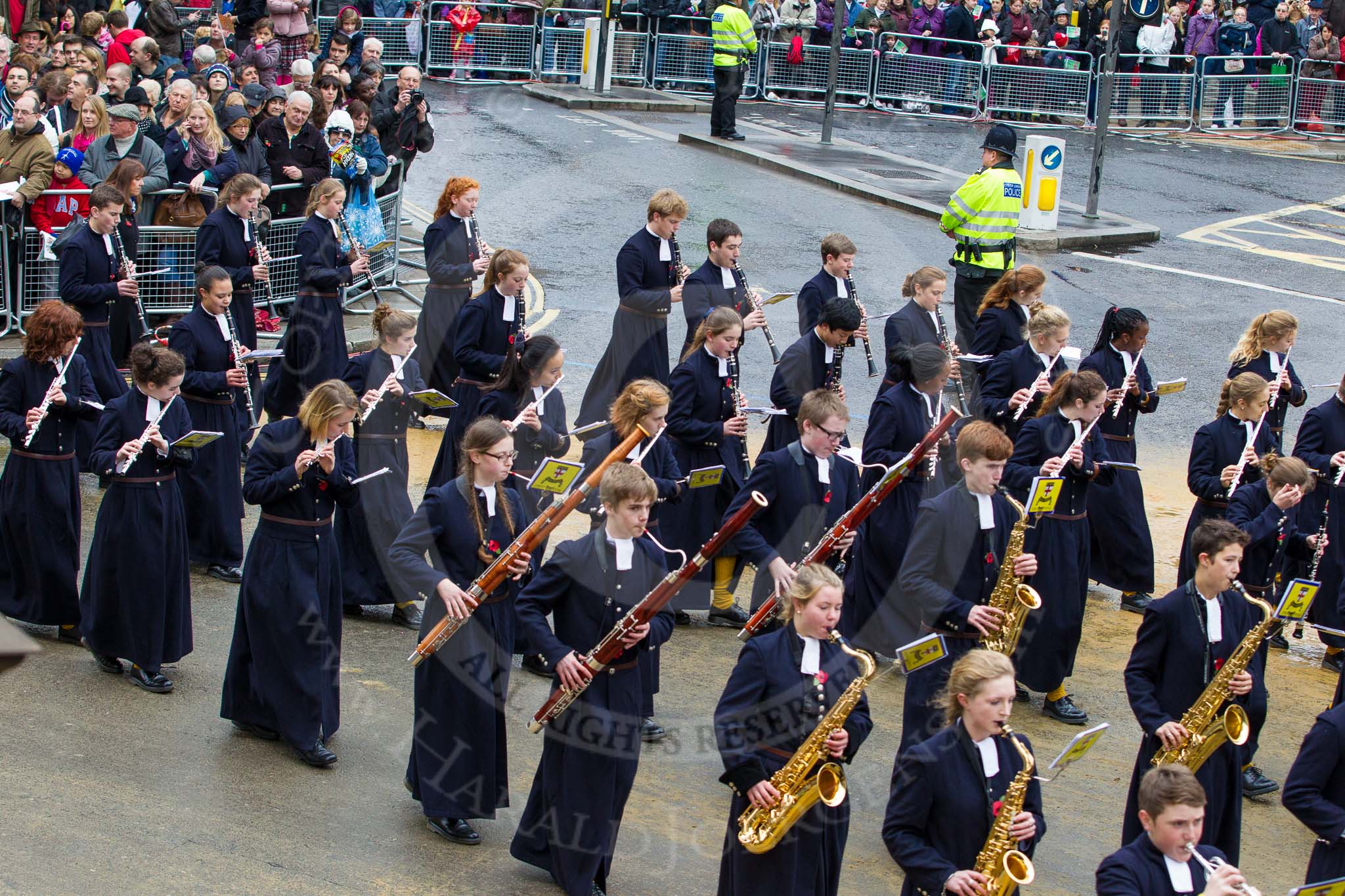 Lord Mayor's Show 2012: Entry 123 - Christ's Hospital School Band..
Press stand opposite Mansion House, City of London,
London,
Greater London,
United Kingdom,
on 10 November 2012 at 12:02, image #1783