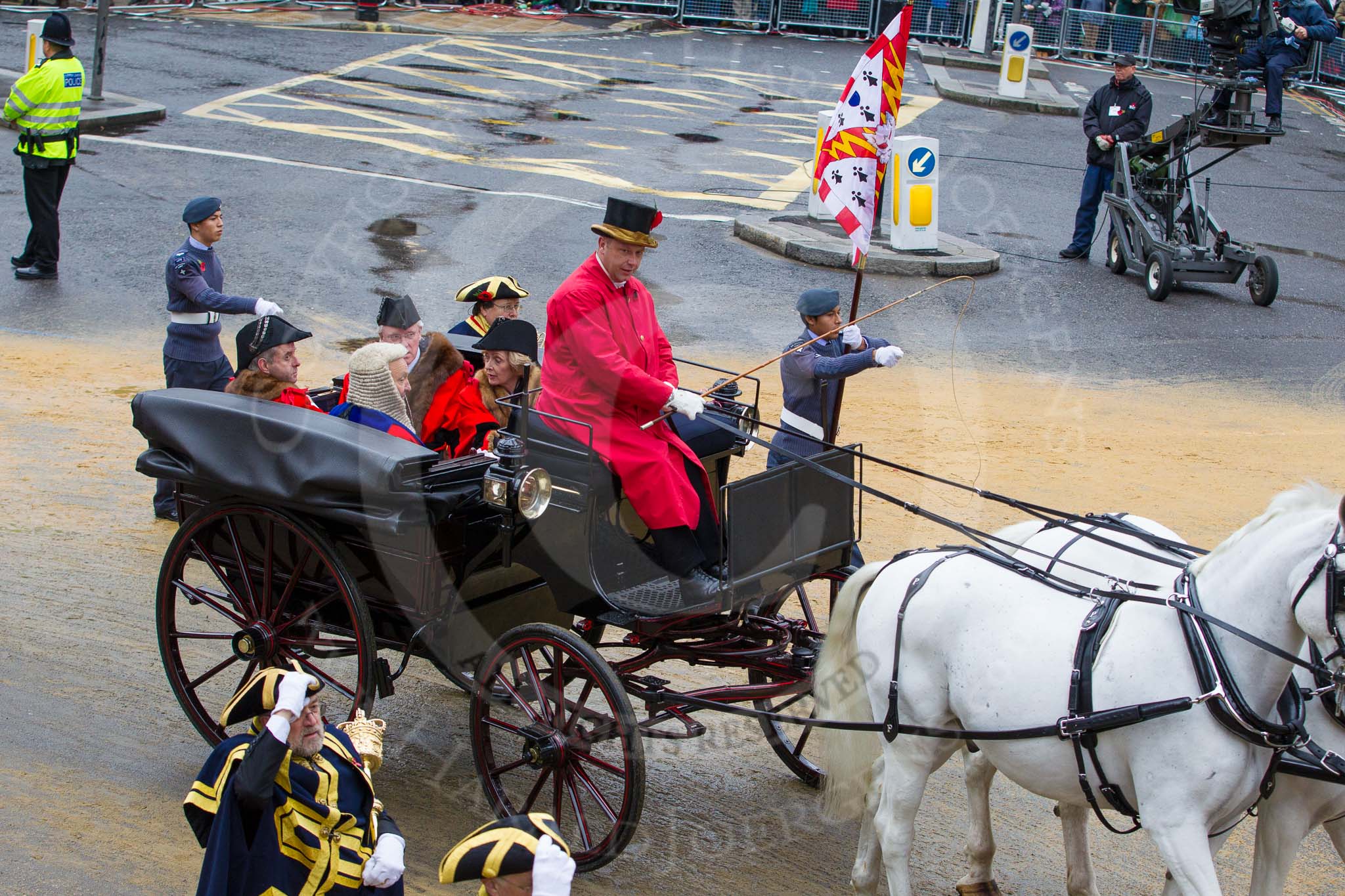 Lord Mayor's Show 2012: Entry136 - Recorder and Aldermen below the Chair. Dr Alndrew Parmley, Simon Walsh, Fiona Woolf CBE, and Judge Peter Beaumont QC..
Press stand opposite Mansion House, City of London,
London,
Greater London,
United Kingdom,
on 10 November 2012 at 12:05, image #1864